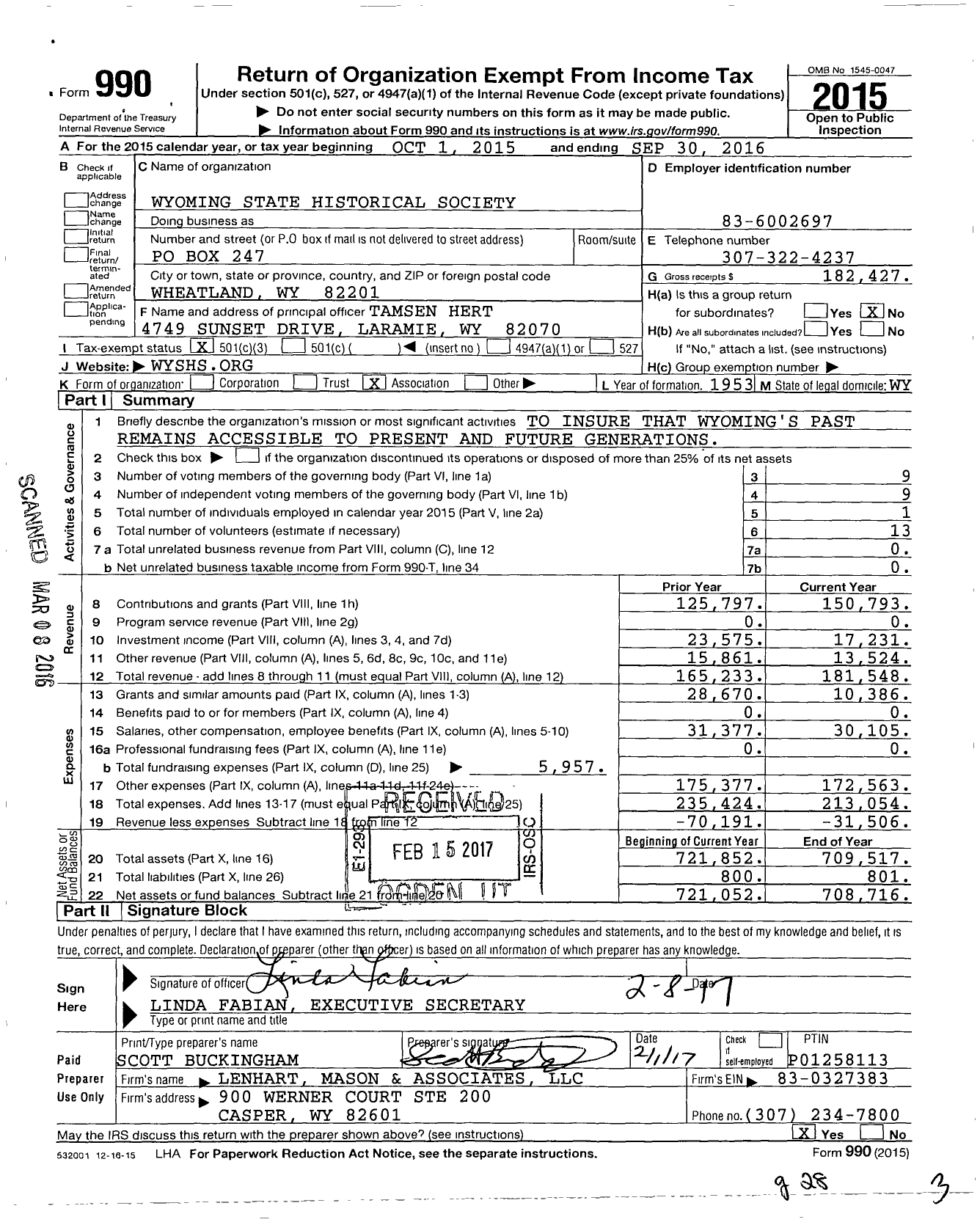 Image of first page of 2015 Form 990 for Wyoming Historical Society