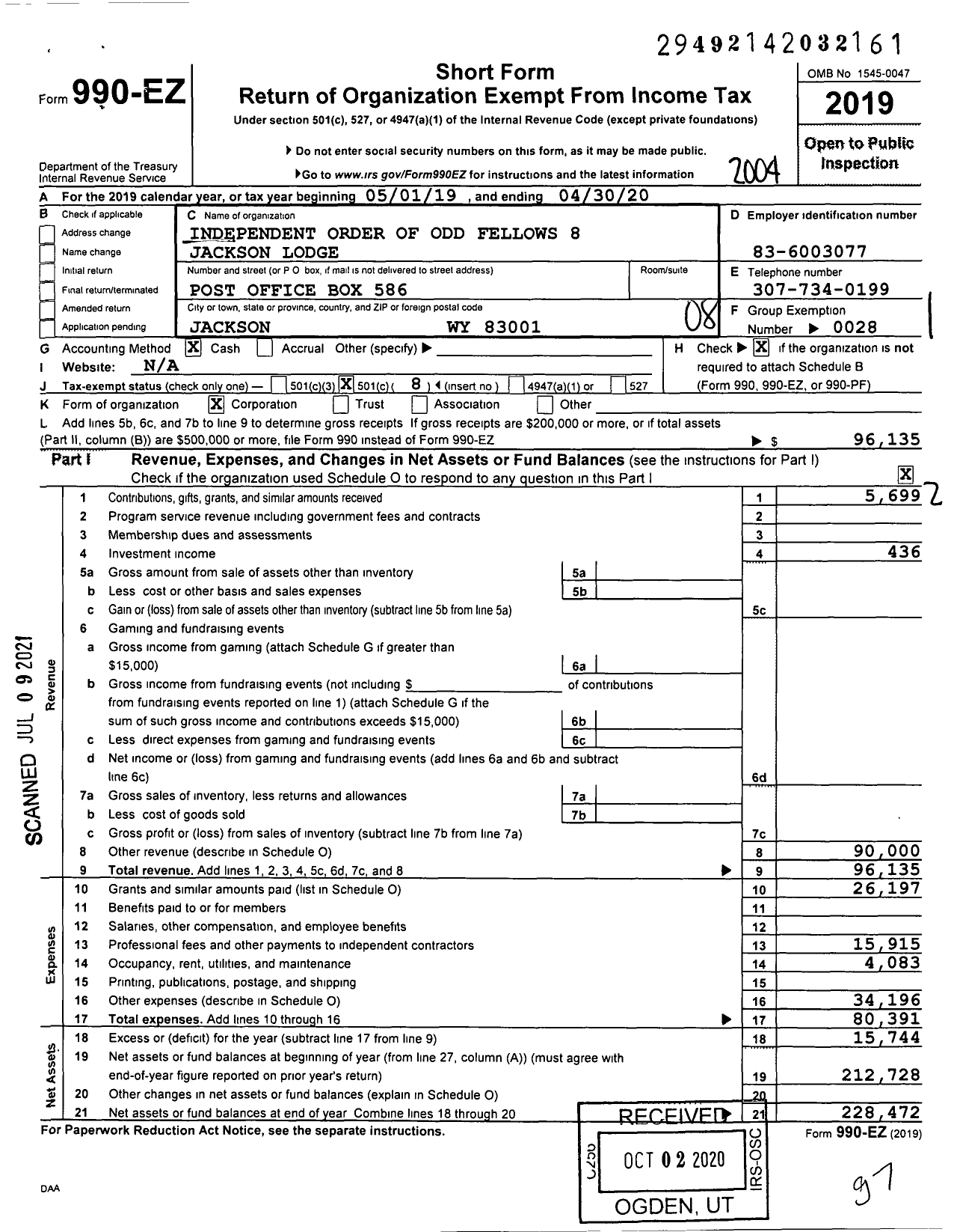 Image of first page of 2019 Form 990EO for Independent Order of Odd Fellows - 8 Jackson Lodge