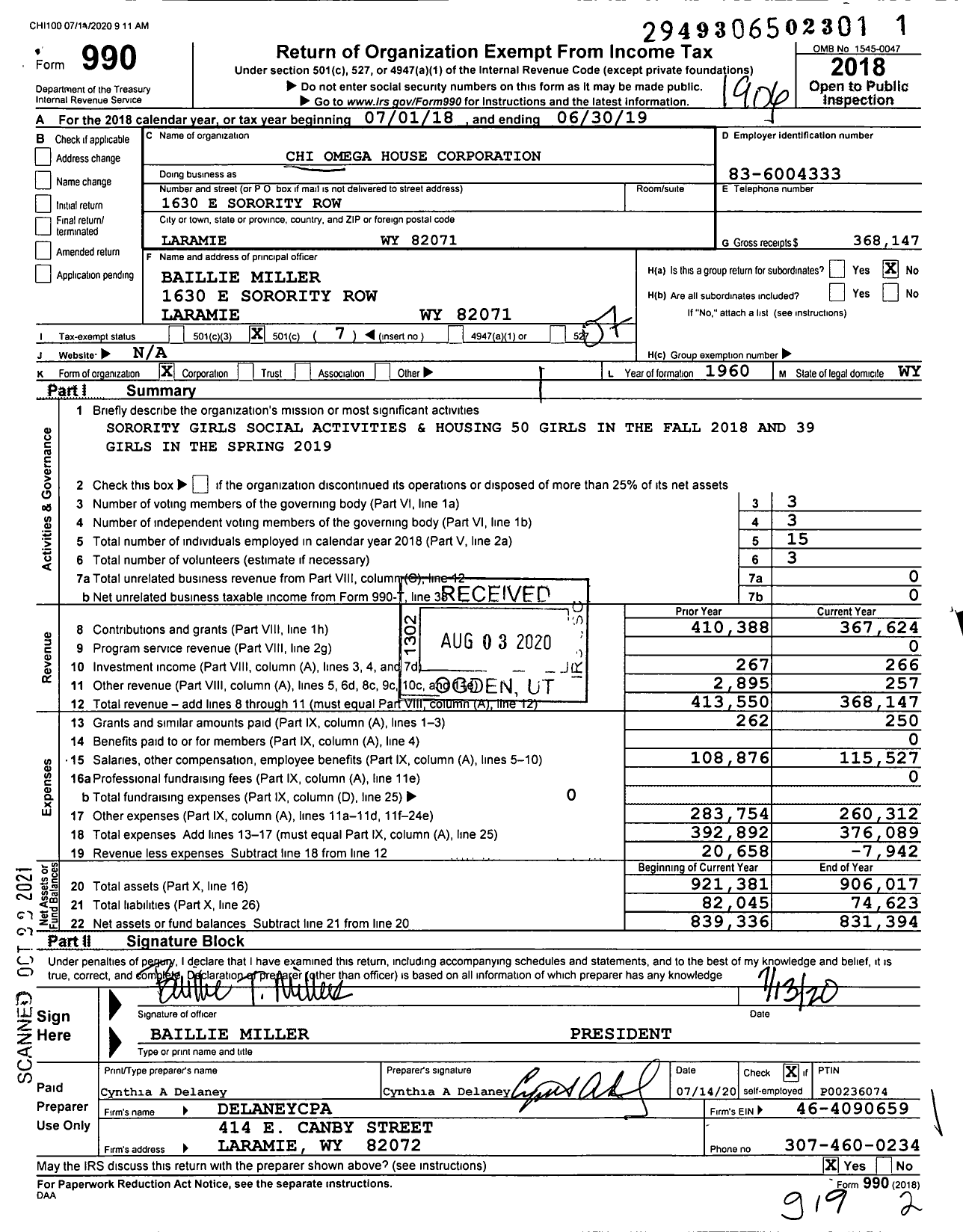 Image of first page of 2018 Form 990O for Chi Omega House Corporation