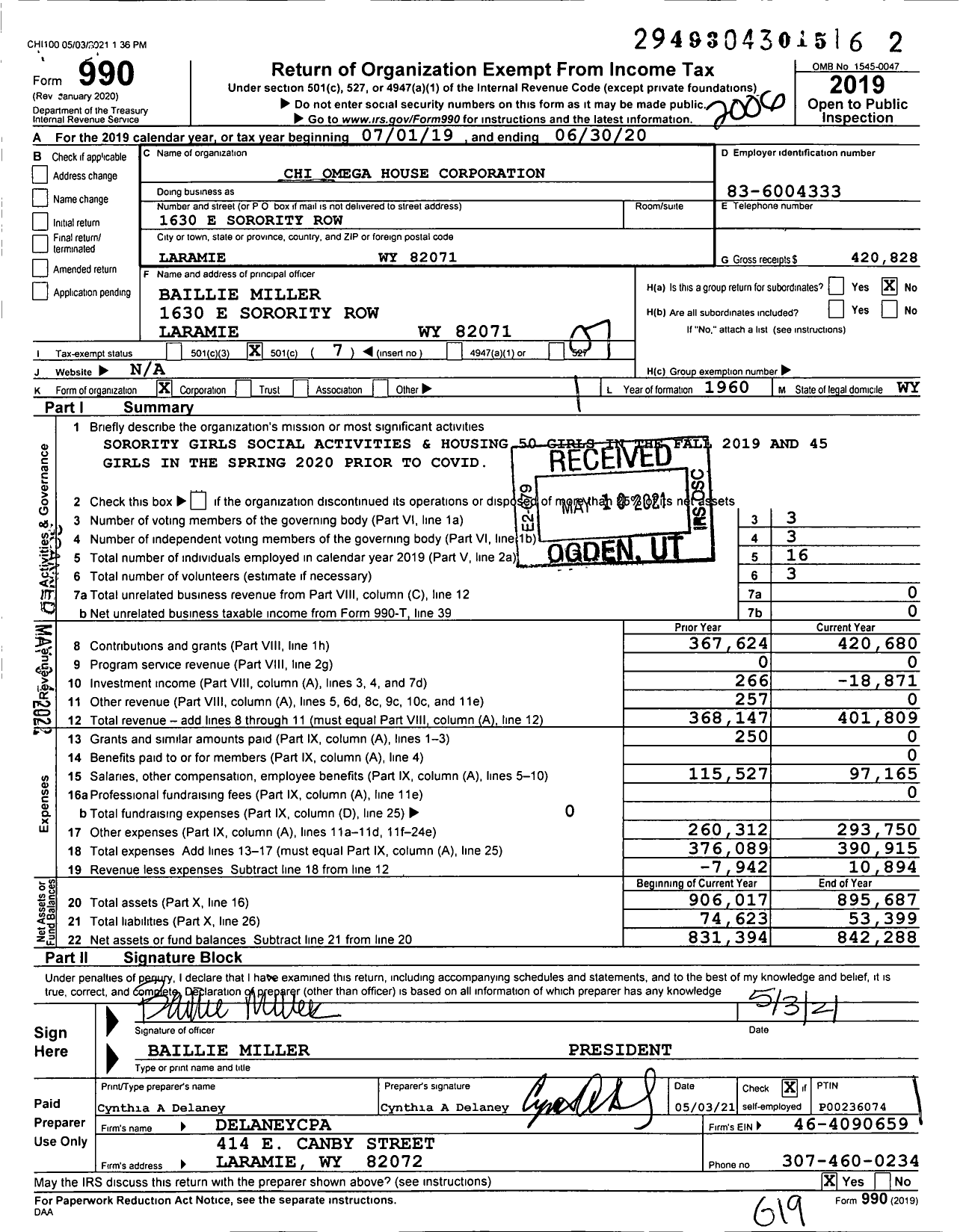 Image of first page of 2019 Form 990O for Chi Omega House Corporation