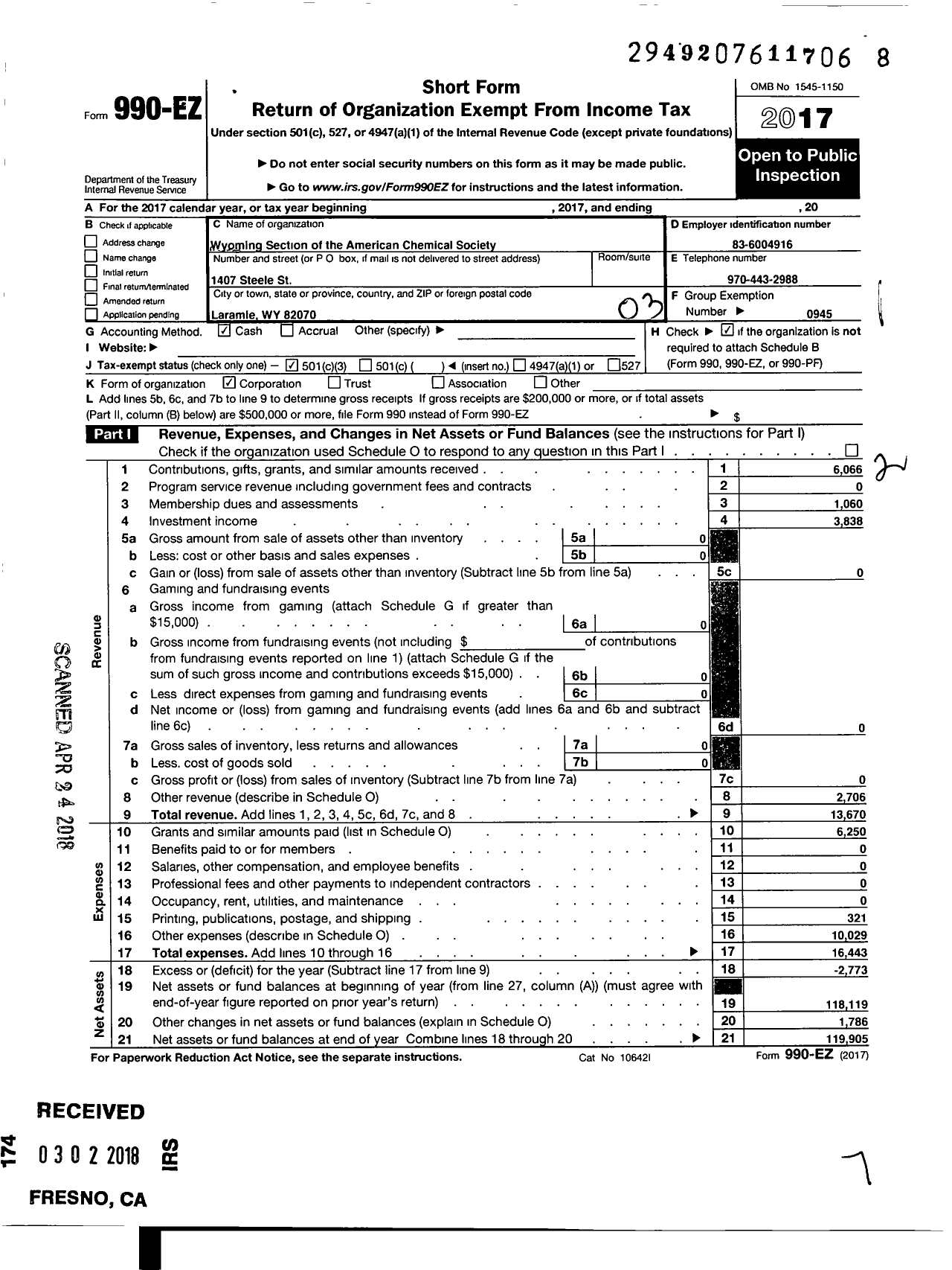 Image of first page of 2017 Form 990EZ for American Chemical Society - Wyoming Section