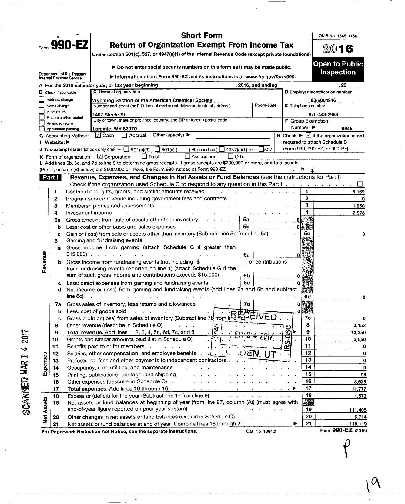 Image of first page of 2016 Form 990EO for American Chemical Society - Wyoming Section