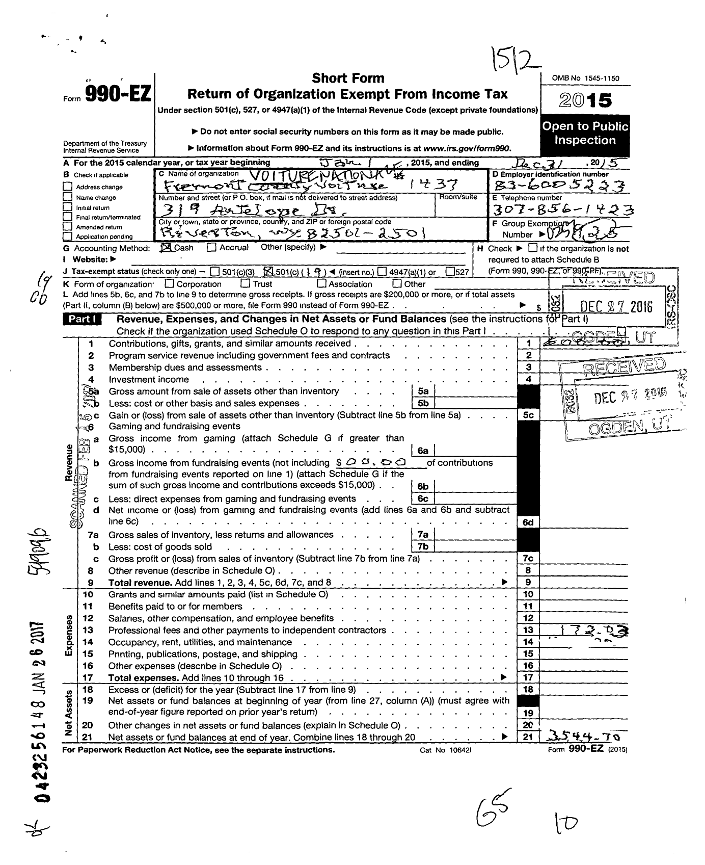 Image of first page of 2015 Form 990EO for The Forty and Eight - 1437 Fremont County Voiture
