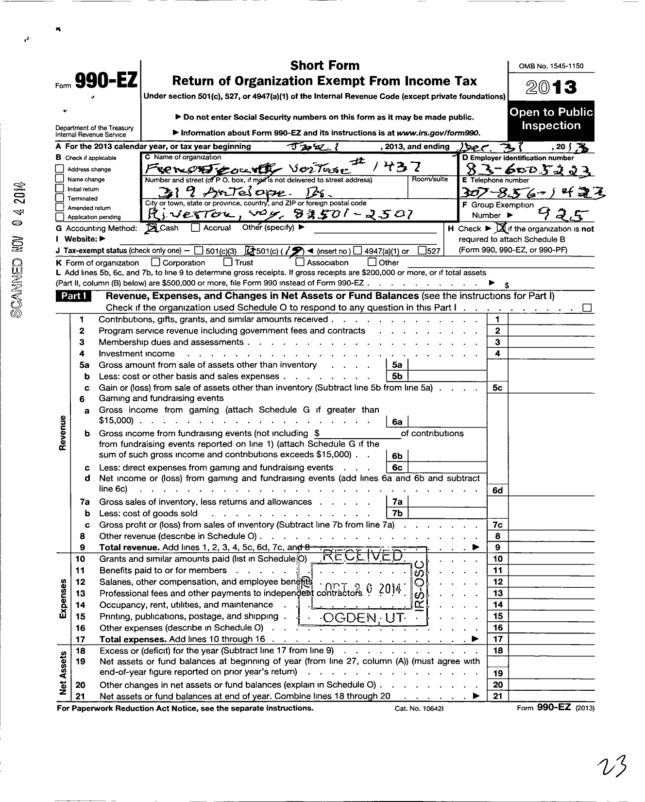 Image of first page of 2013 Form 990EO for The Forty and Eight - 1437 Fremont County Voiture