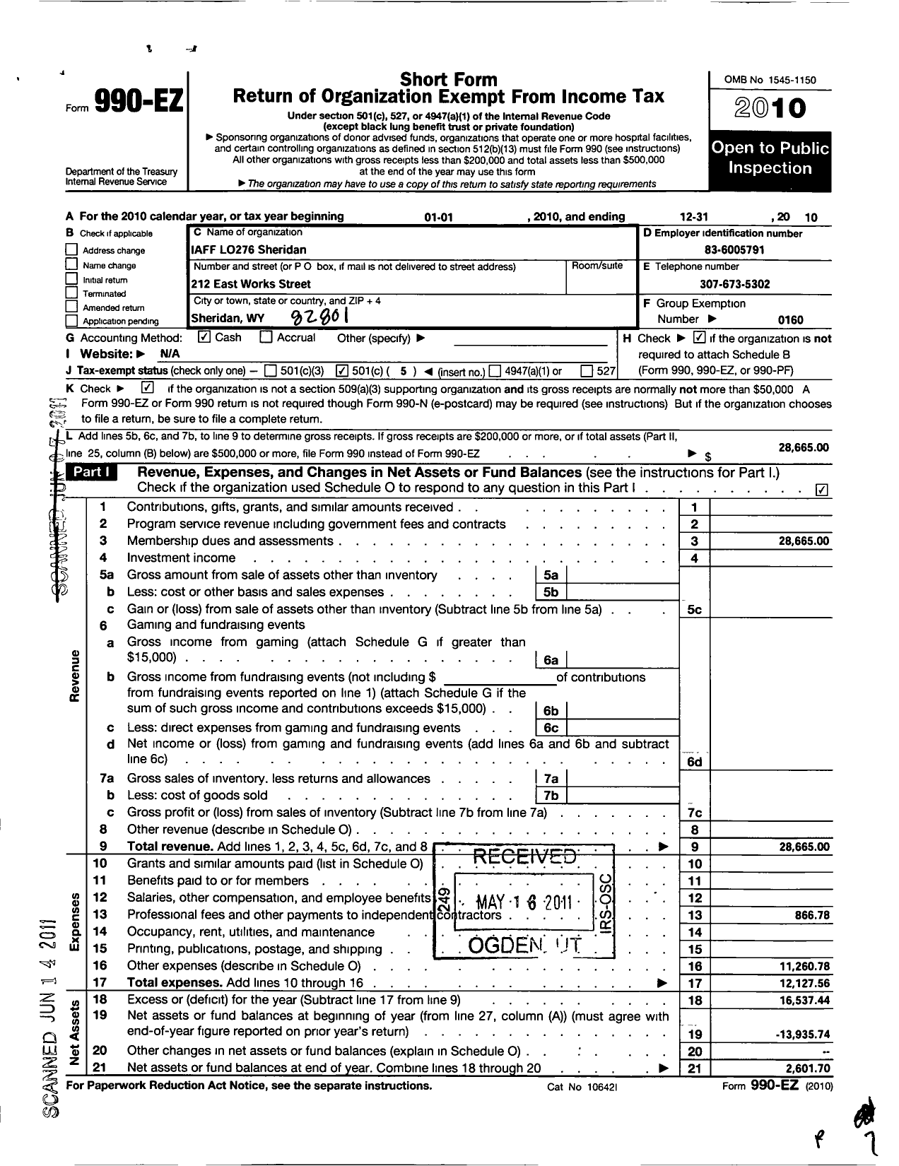 Image of first page of 2010 Form 990EO for International Association of Fire Fighters - L0276 Sheridan