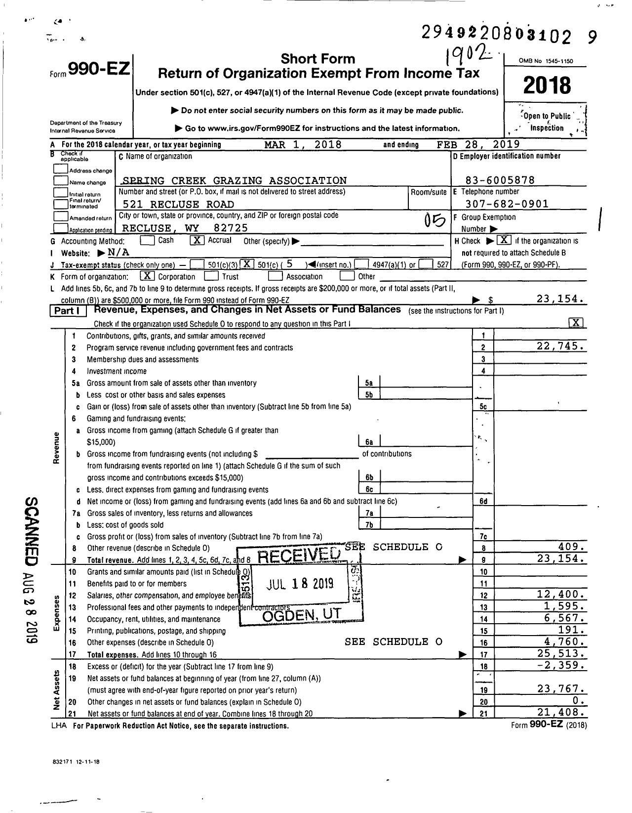 Image of first page of 2018 Form 990EO for Spring Creek Grazing Association