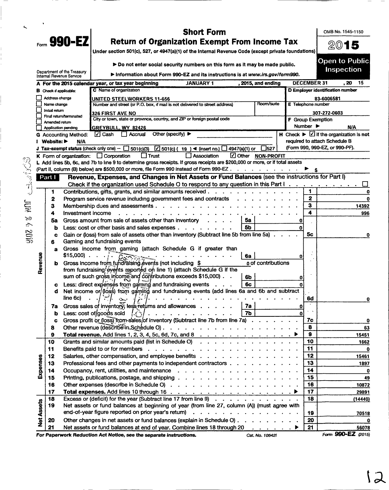 Image of first page of 2015 Form 990EO for United Steelworkers - 11-00656 Local