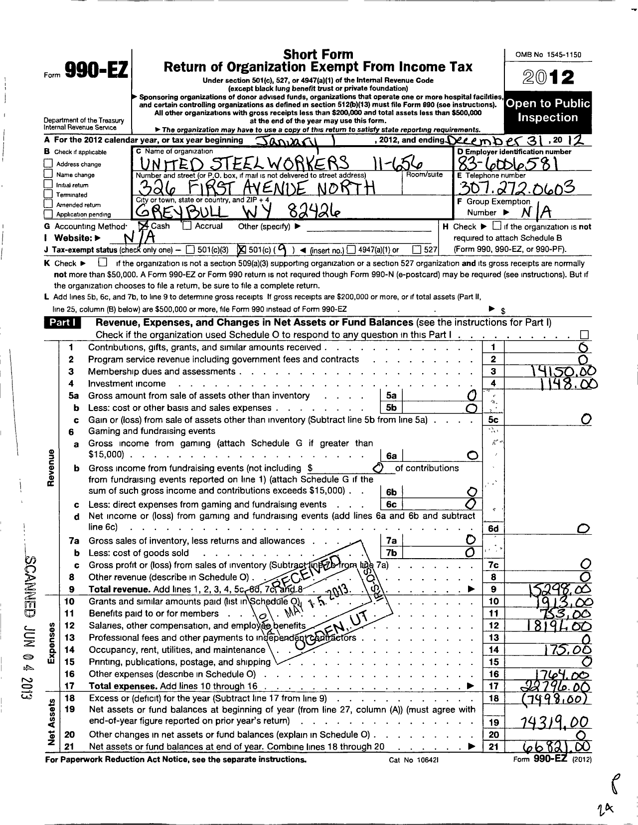 Image of first page of 2012 Form 990EO for United Steelworkers - 11-00656 Local