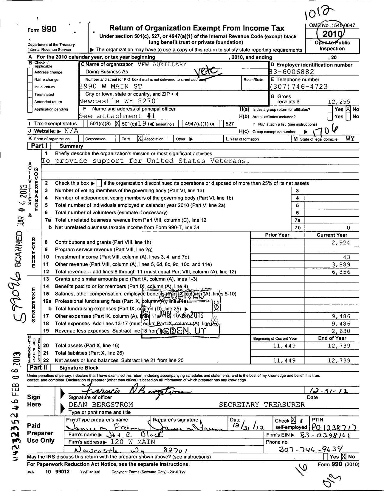 Image of first page of 2010 Form 990O for Veterans of Foreign Wars of the United States Department of Wyomin - 2516 Carl Kuemmerle