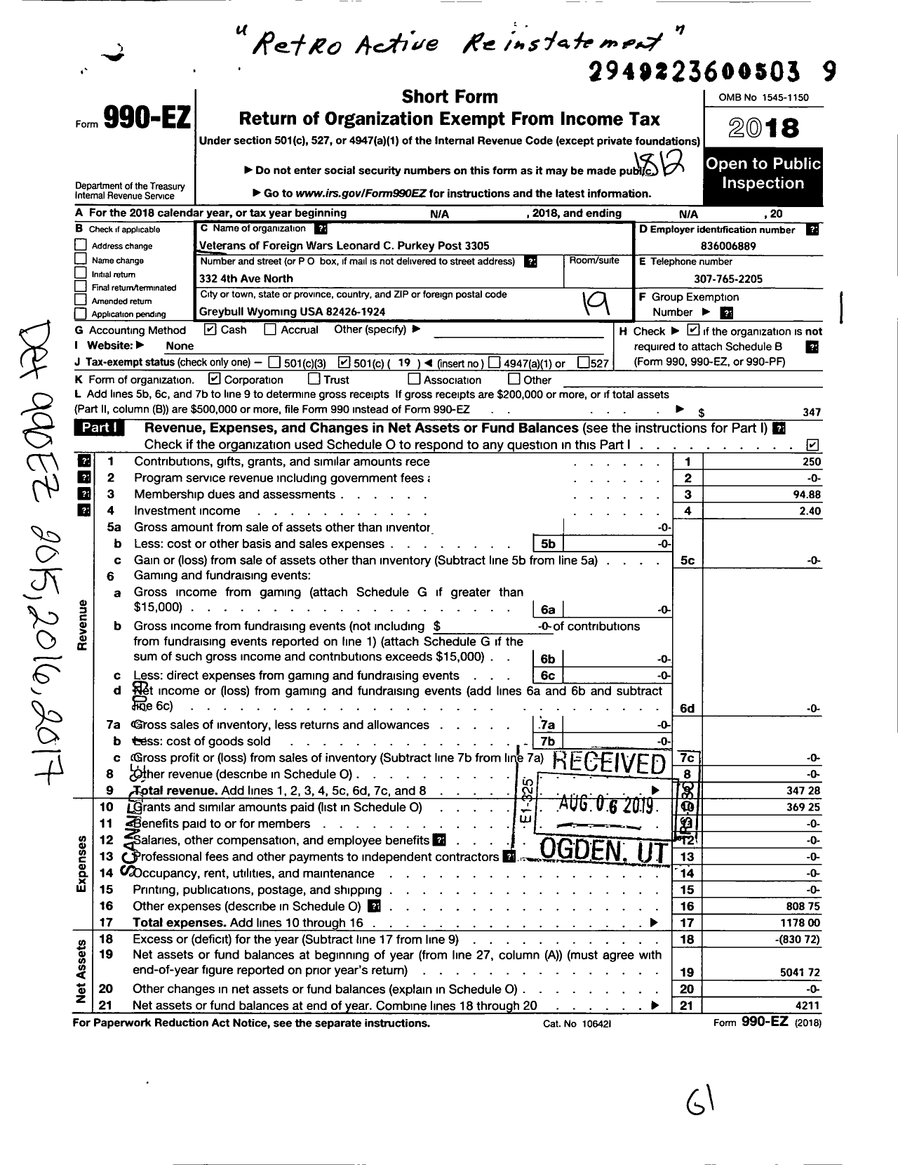 Image of first page of 2018 Form 990EO for Veterans of Foreign Wars Department of Wyoming