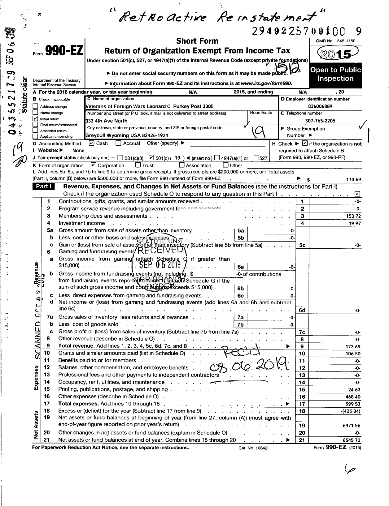 Image of first page of 2015 Form 990O for Veterans of Foreign Wars Department of Wyoming