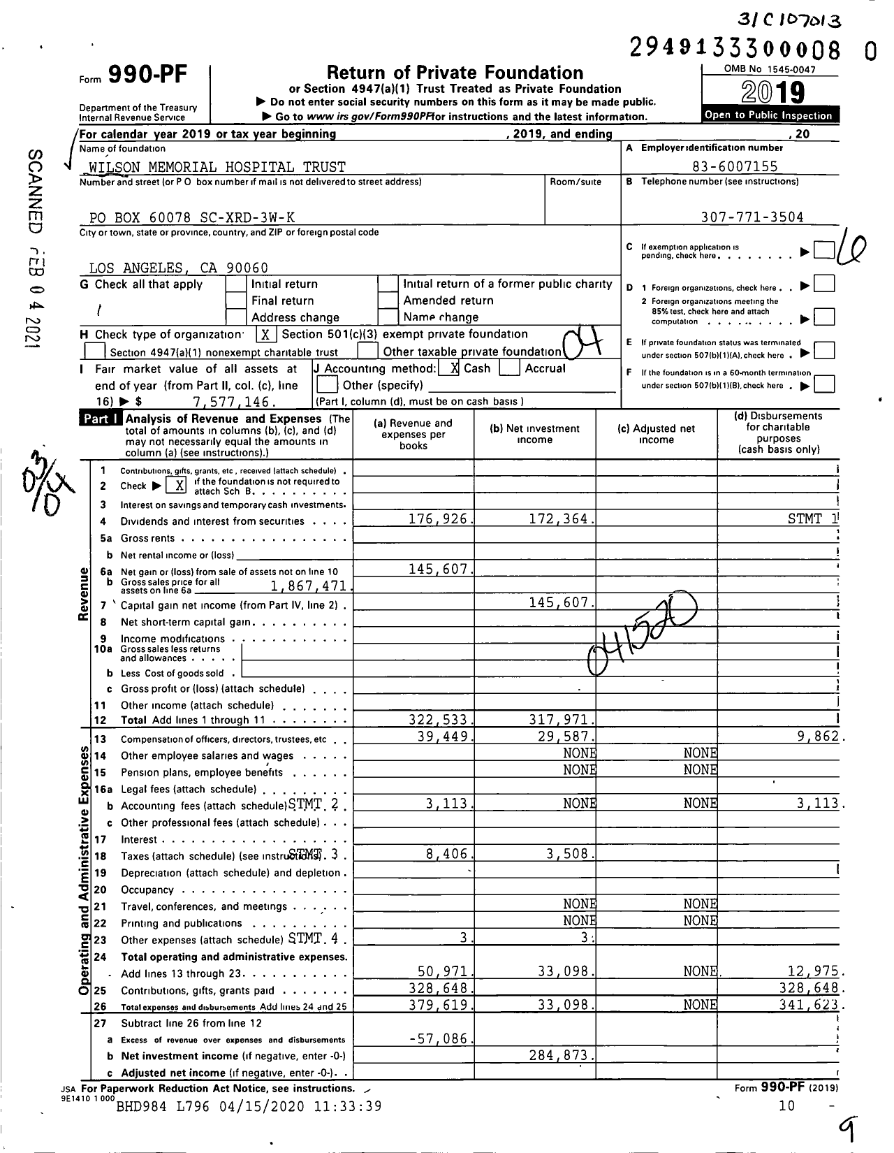 Image of first page of 2019 Form 990PF for Wilson Trust Fbo Sheridan Memorial