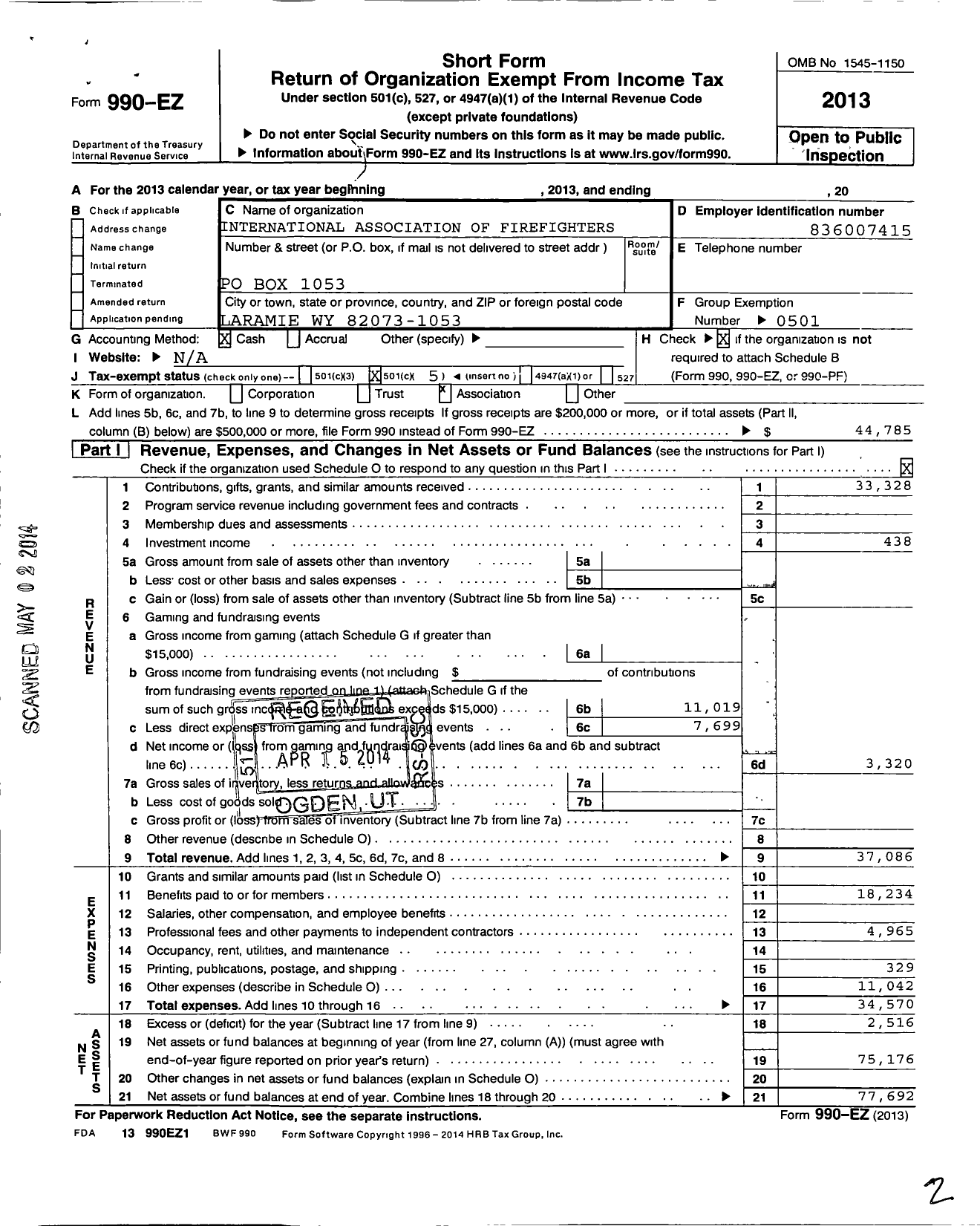 Image of first page of 2013 Form 990EO for International Association of Fire Fighters - L0946 Laramie