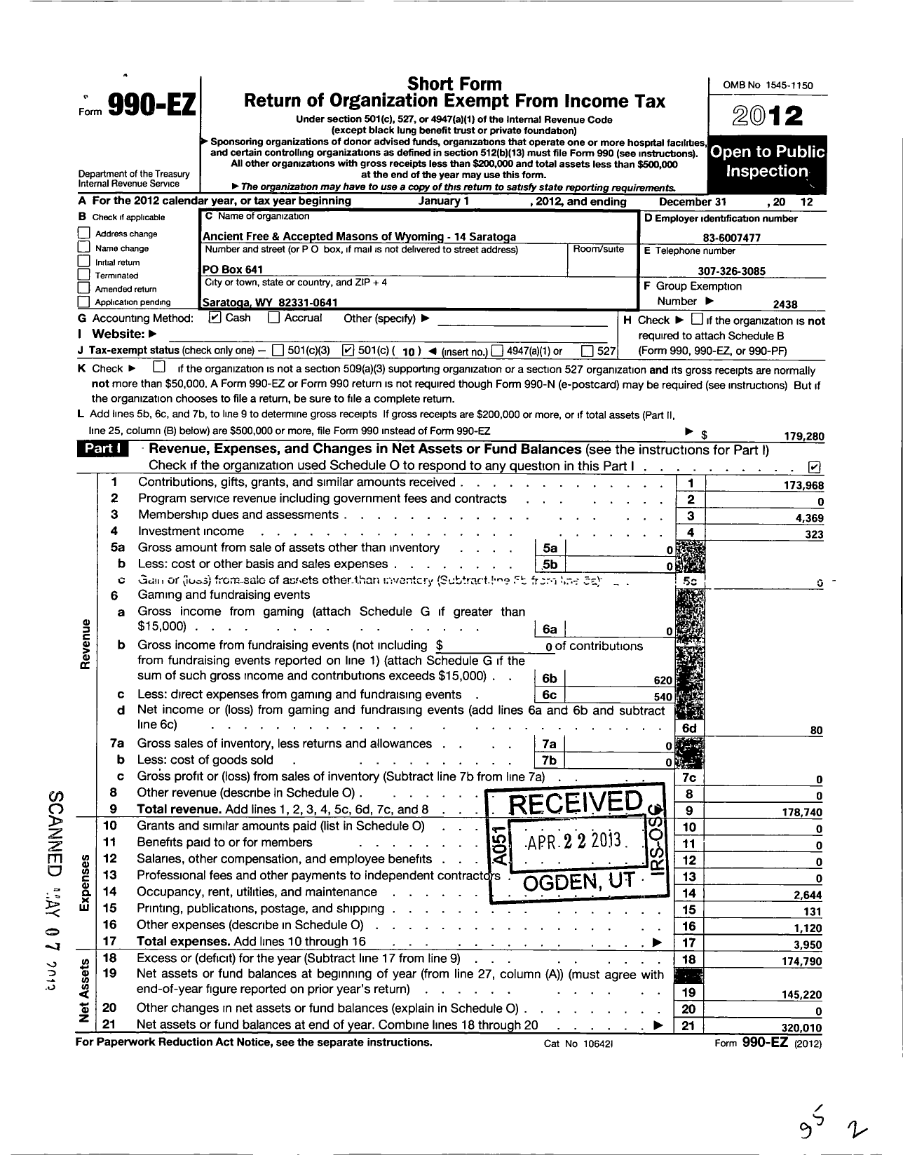 Image of first page of 2012 Form 990EO for Ancient Free and Accepted Masons of Wyoming - 14 Saratoga