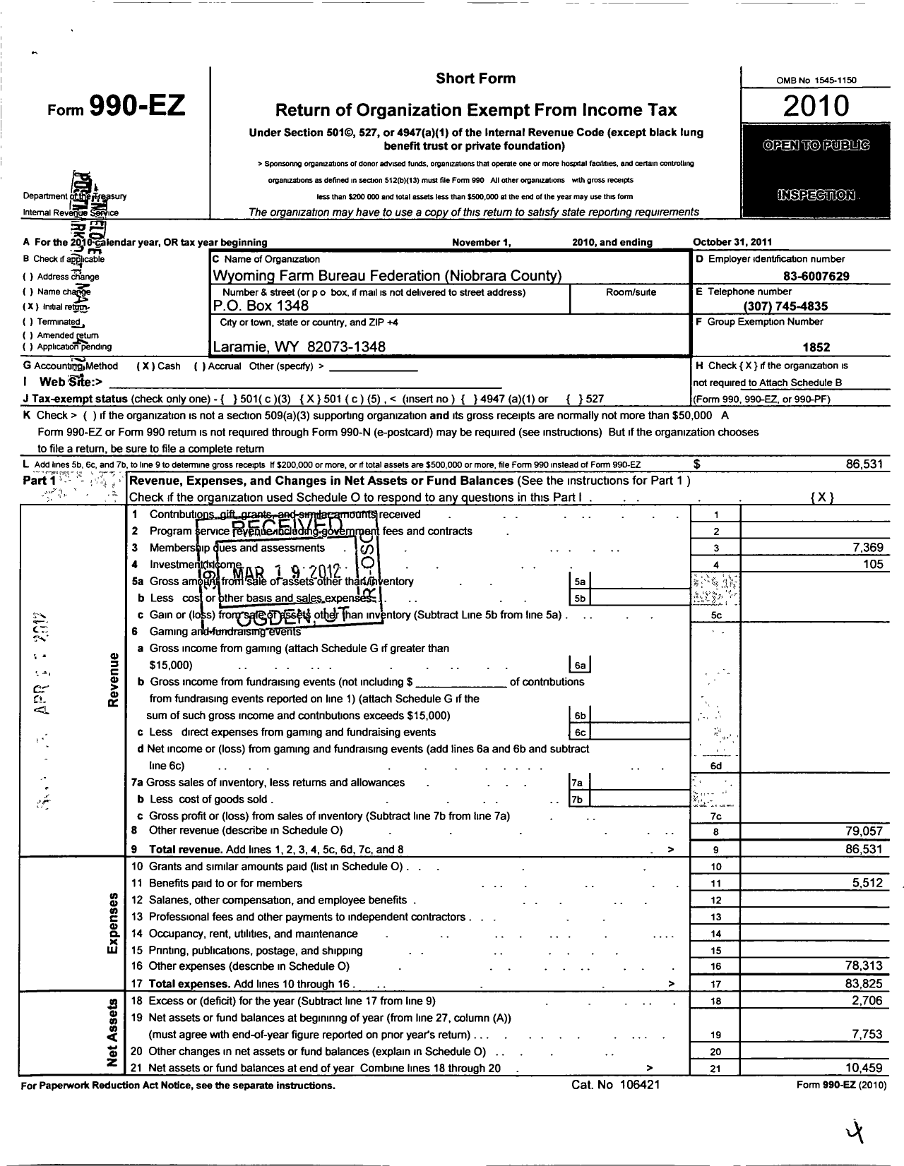 Image of first page of 2010 Form 990EO for Wyoming Farm Bureau Federation / Niobrara County