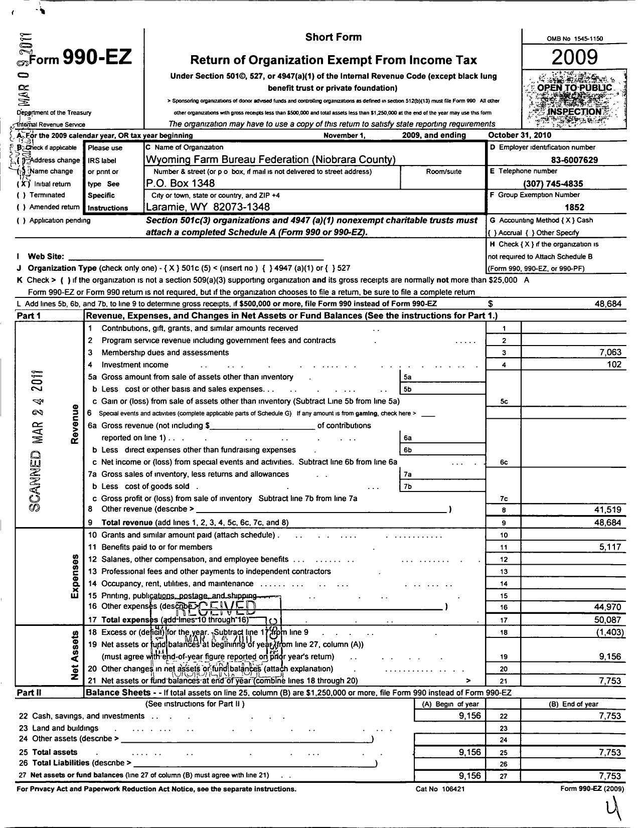 Image of first page of 2009 Form 990EO for Wyoming Farm Bureau Federation / Niobrara County