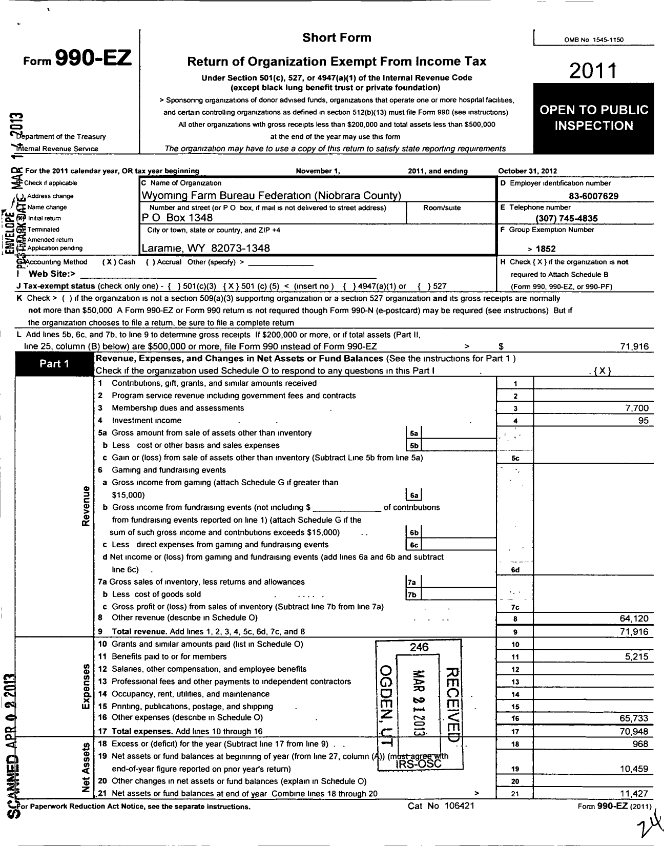 Image of first page of 2011 Form 990EO for Wyoming Farm Bureau Federation / Niobrara County