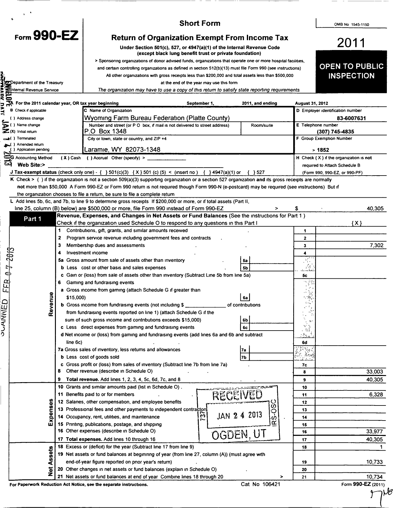 Image of first page of 2011 Form 990EO for Wyoming Farm Bureau Federation / Platte County