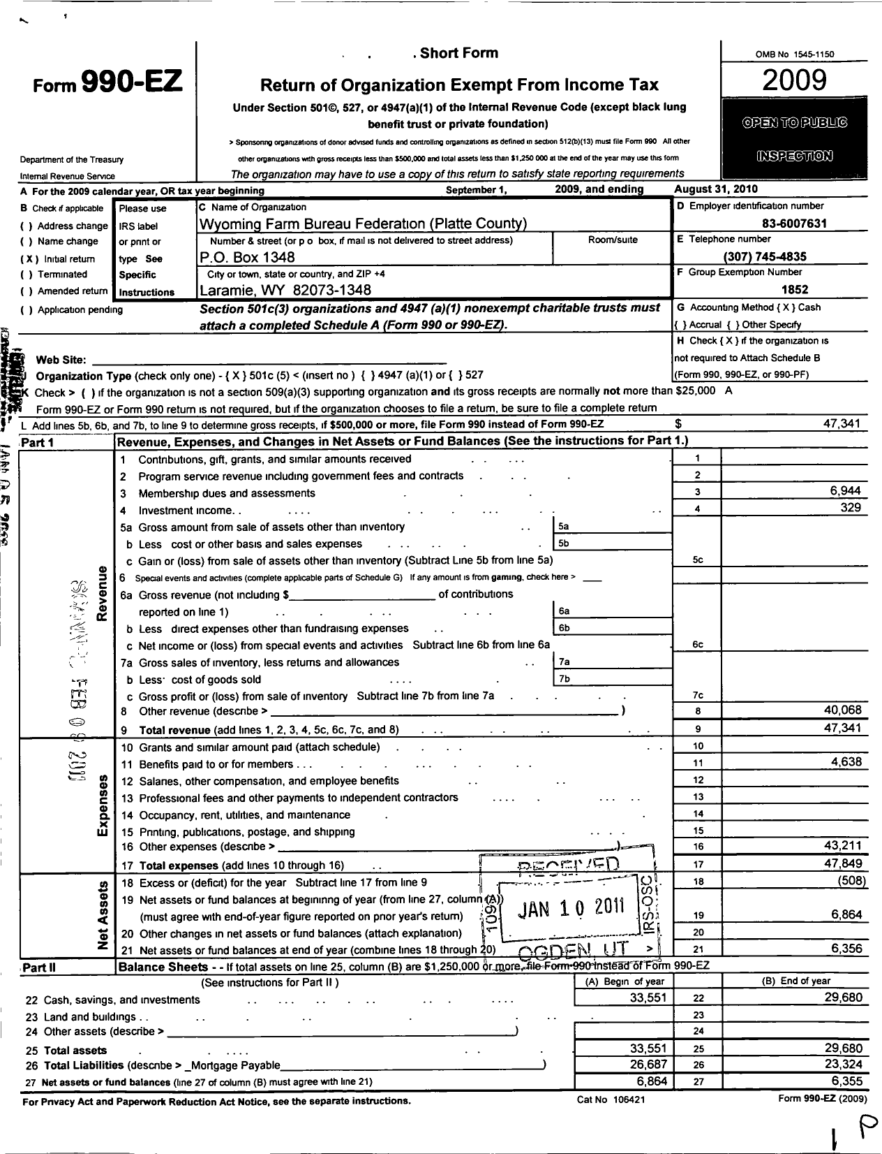 Image of first page of 2009 Form 990EO for Wyoming Farm Bureau Federation / Platte County