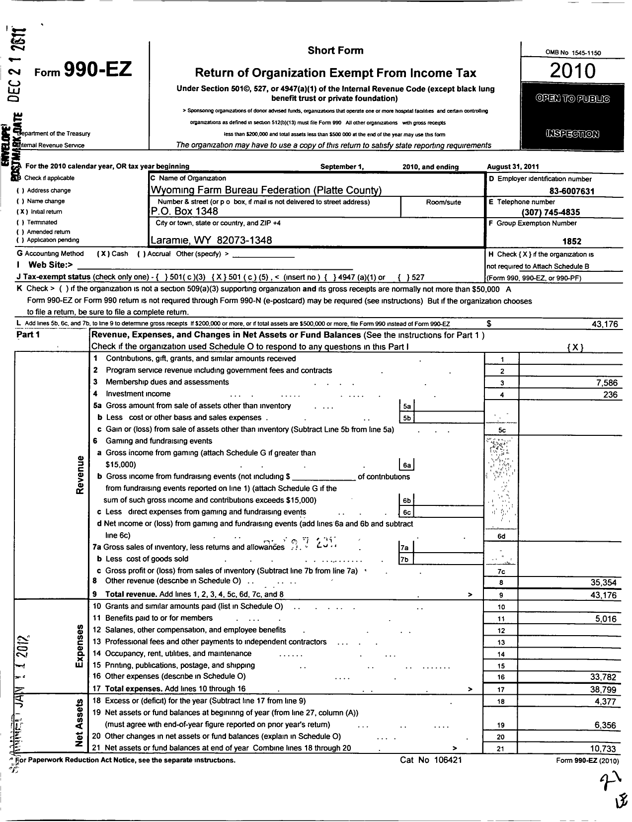 Image of first page of 2010 Form 990EO for Wyoming Farm Bureau Federation / Platte County