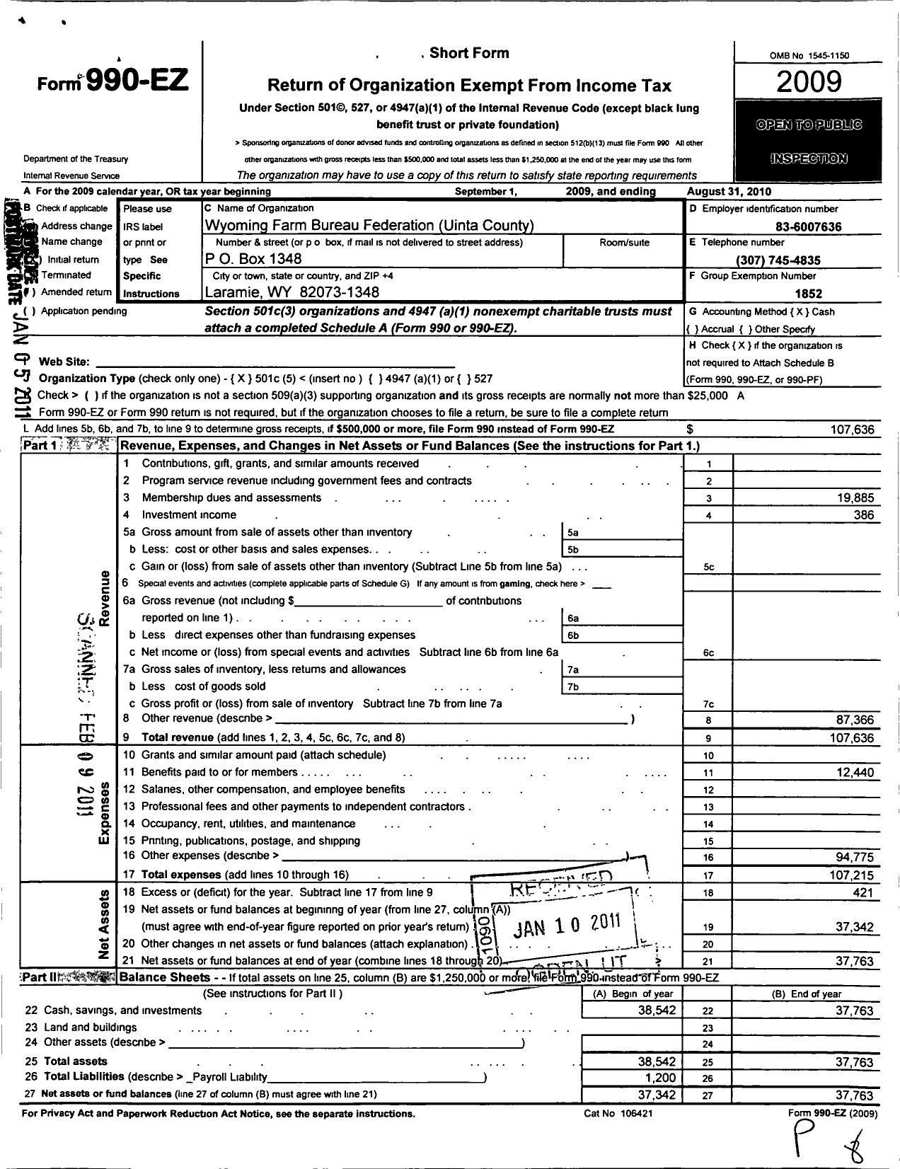 Image of first page of 2009 Form 990EO for Wyoming Farm Bureau Federation / Uinta County