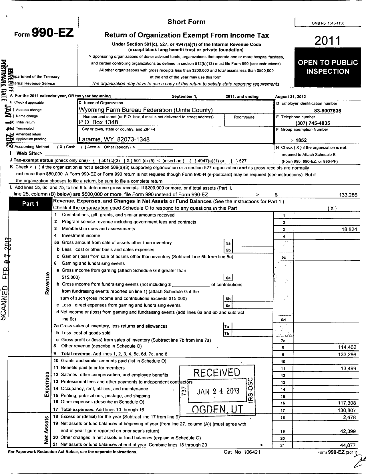 Image of first page of 2011 Form 990EO for Wyoming Farm Bureau Federation / Uinta County