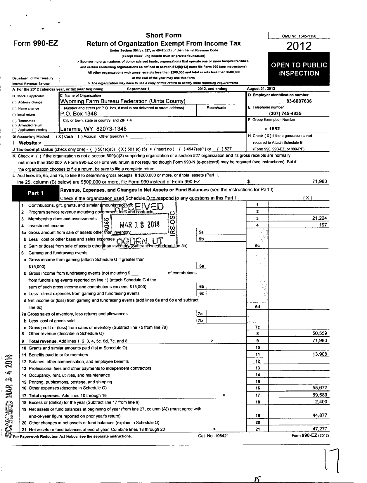 Image of first page of 2012 Form 990EO for Wyoming Farm Bureau Federation / Uinta County