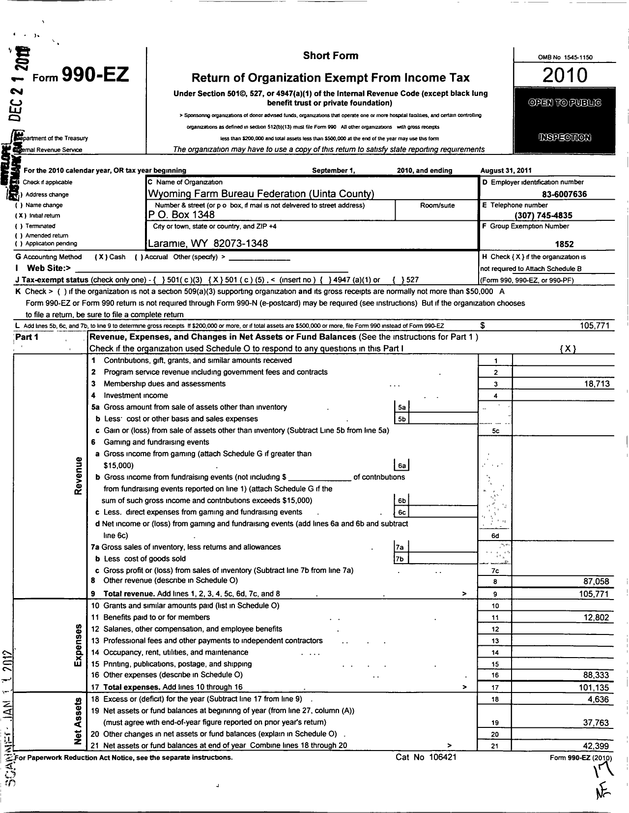 Image of first page of 2010 Form 990EO for Wyoming Farm Bureau Federation / Uinta County