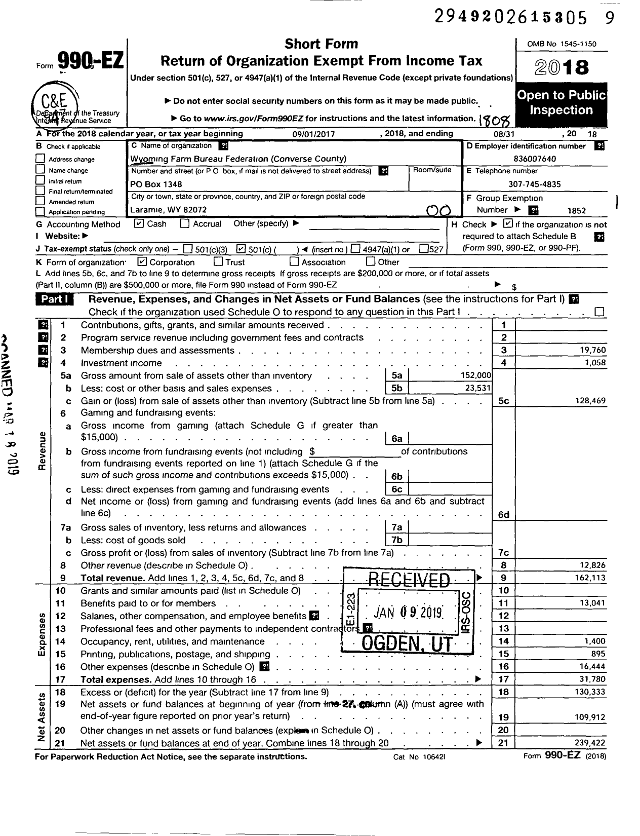 Image of first page of 2017 Form 990EO for Wyoming Farm Bureau Federation / Converse County