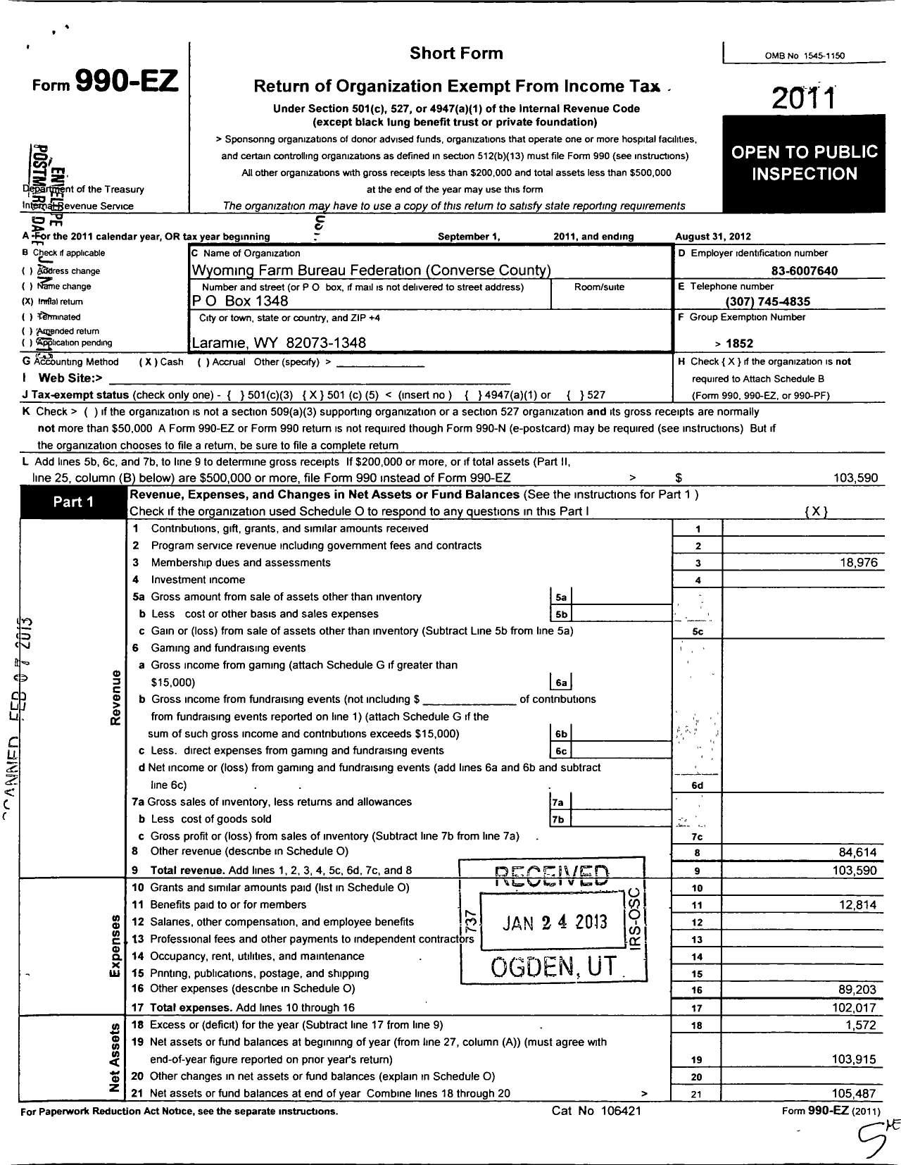 Image of first page of 2011 Form 990EO for Wyoming Farm Bureau Federation / Converse County