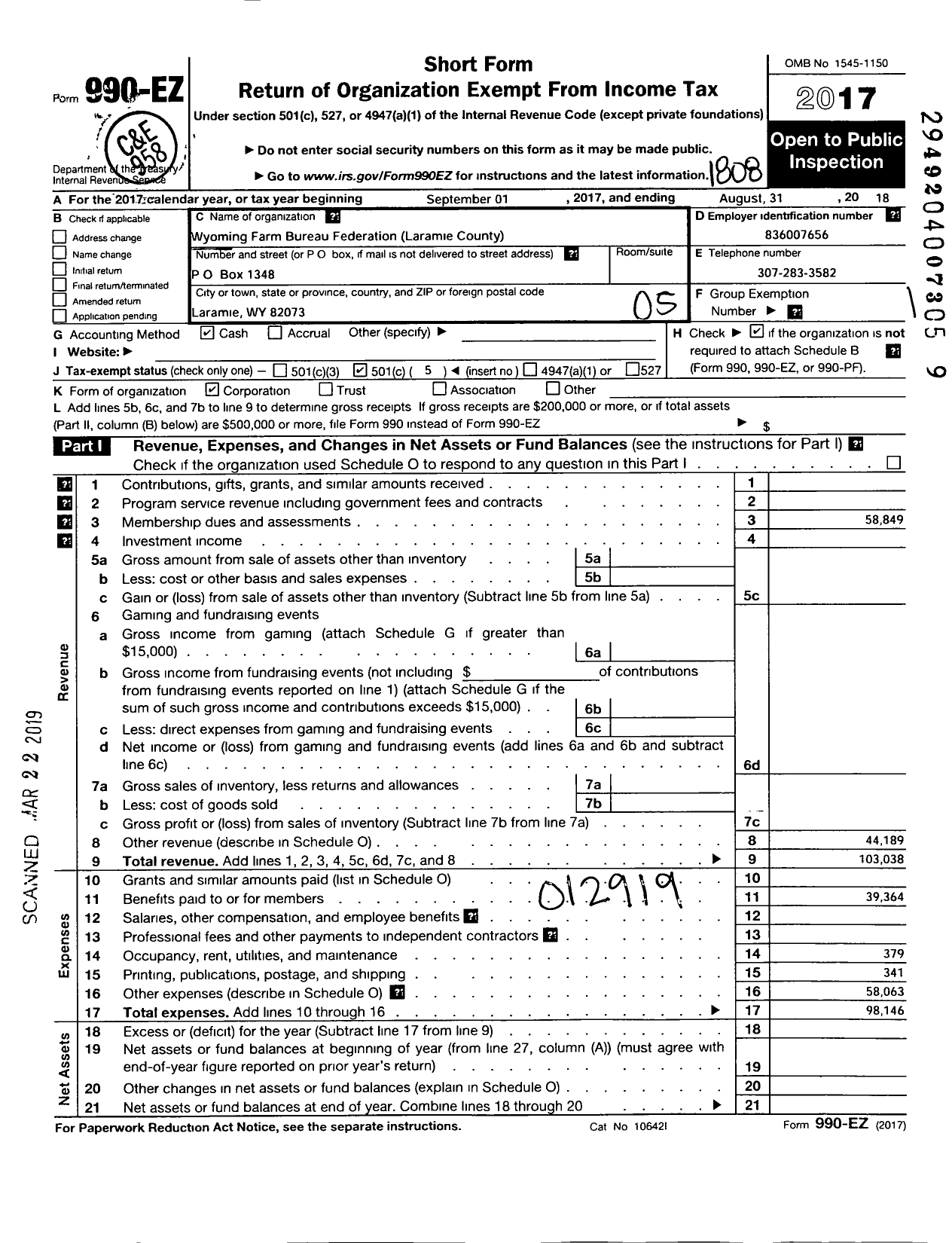 Image of first page of 2017 Form 990EO for Wyoming Farm Bureau Federation / Laramie County