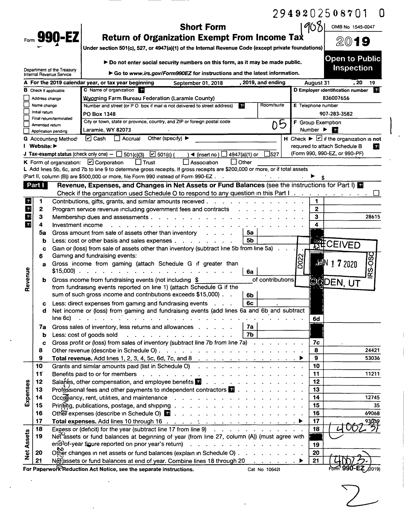 Image of first page of 2018 Form 990EO for Wyoming Farm Bureau Federation / Laramie County