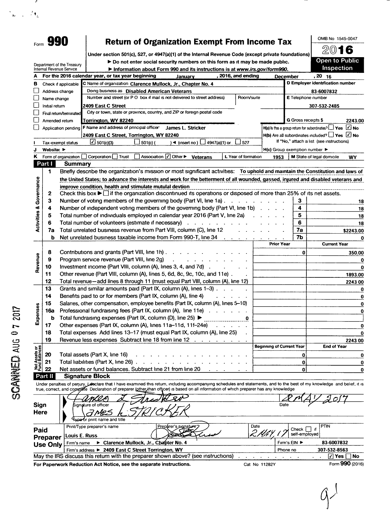 Image of first page of 2016 Form 990 for Clarence Mullock JR Chapter No 4 Disabled American Veterans