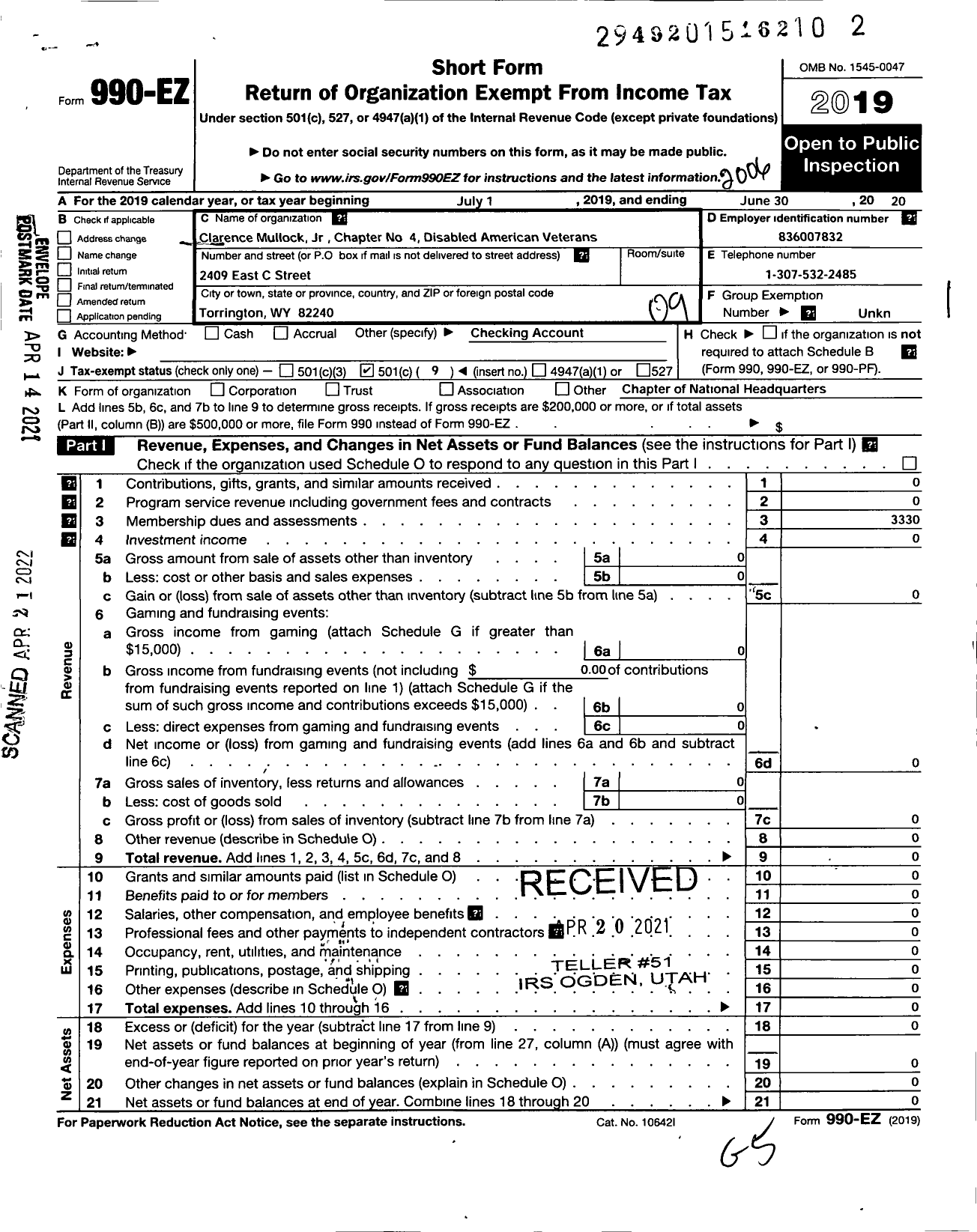 Image of first page of 2019 Form 990EO for Clarence Mullock JR Chapter No 4 Disabled American Veterans