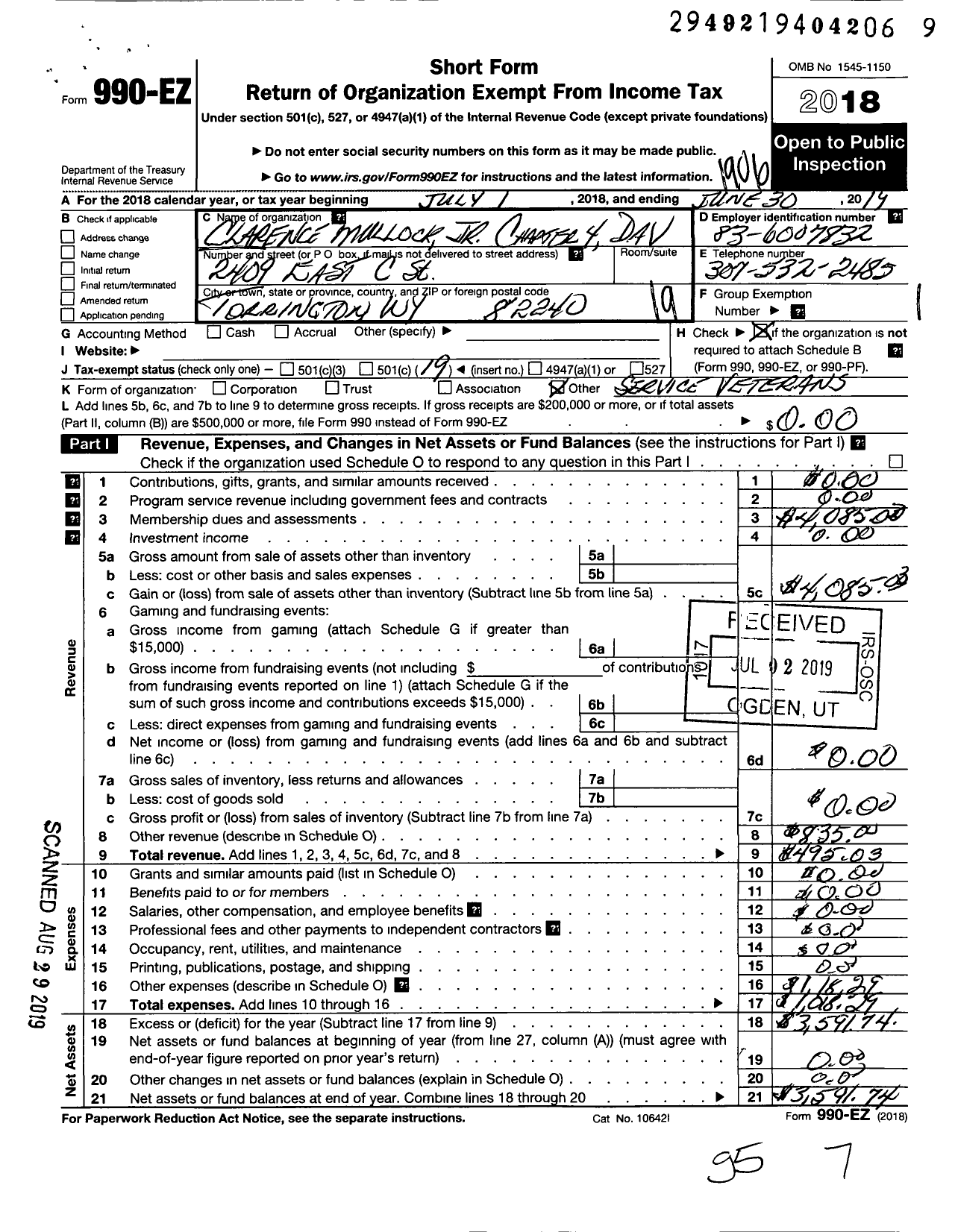 Image of first page of 2018 Form 990EO for Clarence Mullock JR Chapter No 4 Disabled American Veterans