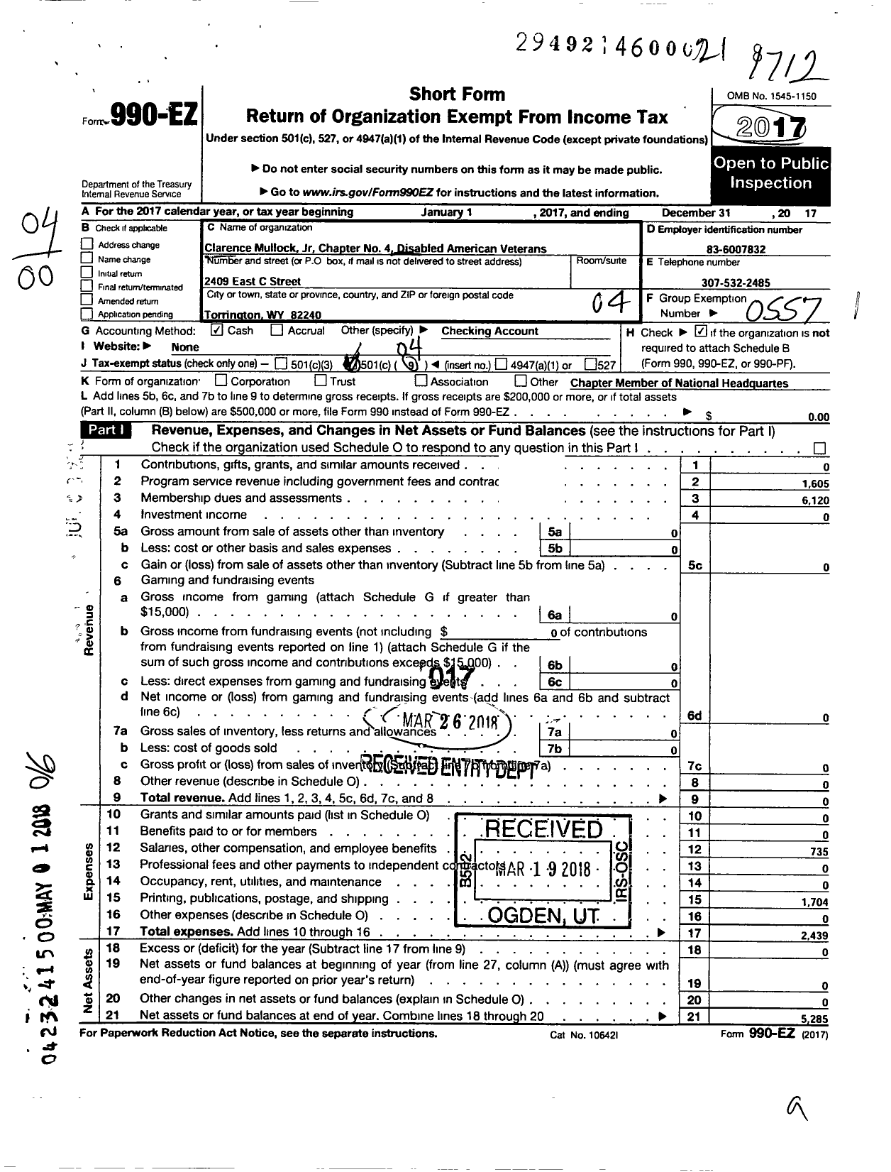 Image of first page of 2017 Form 990EO for Clarence Mullock JR Chapter No 4 Disabled American Veterans