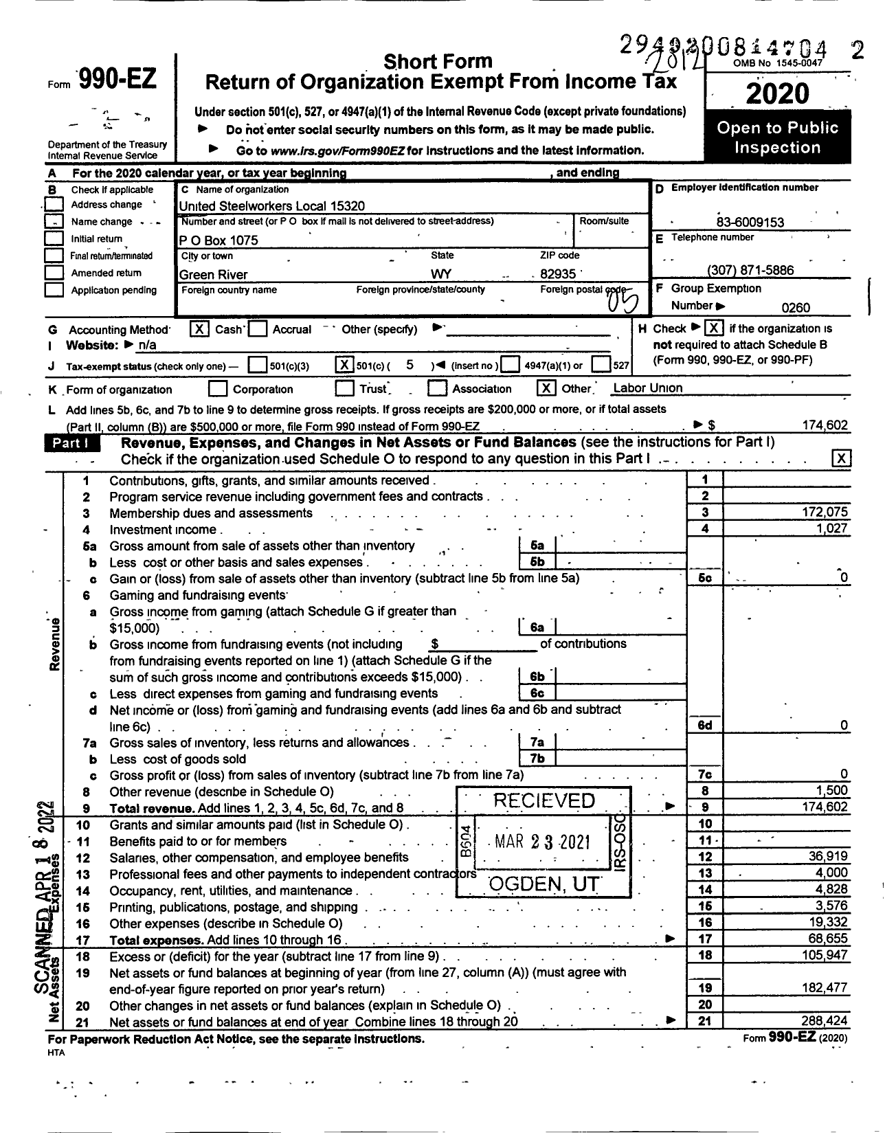 Image of first page of 2020 Form 990EO for United Steelworkers - 15320 Local