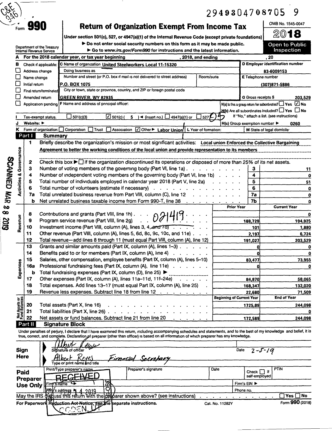 Image of first page of 2018 Form 990O for United Steelworkers - 15320 Local
