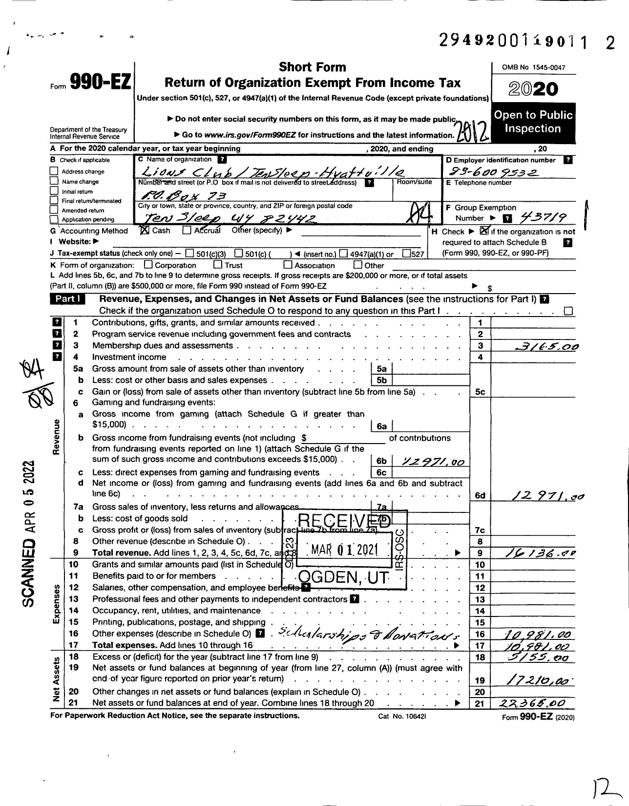 Image of first page of 2020 Form 990EO for Lions Clubs - 15 District