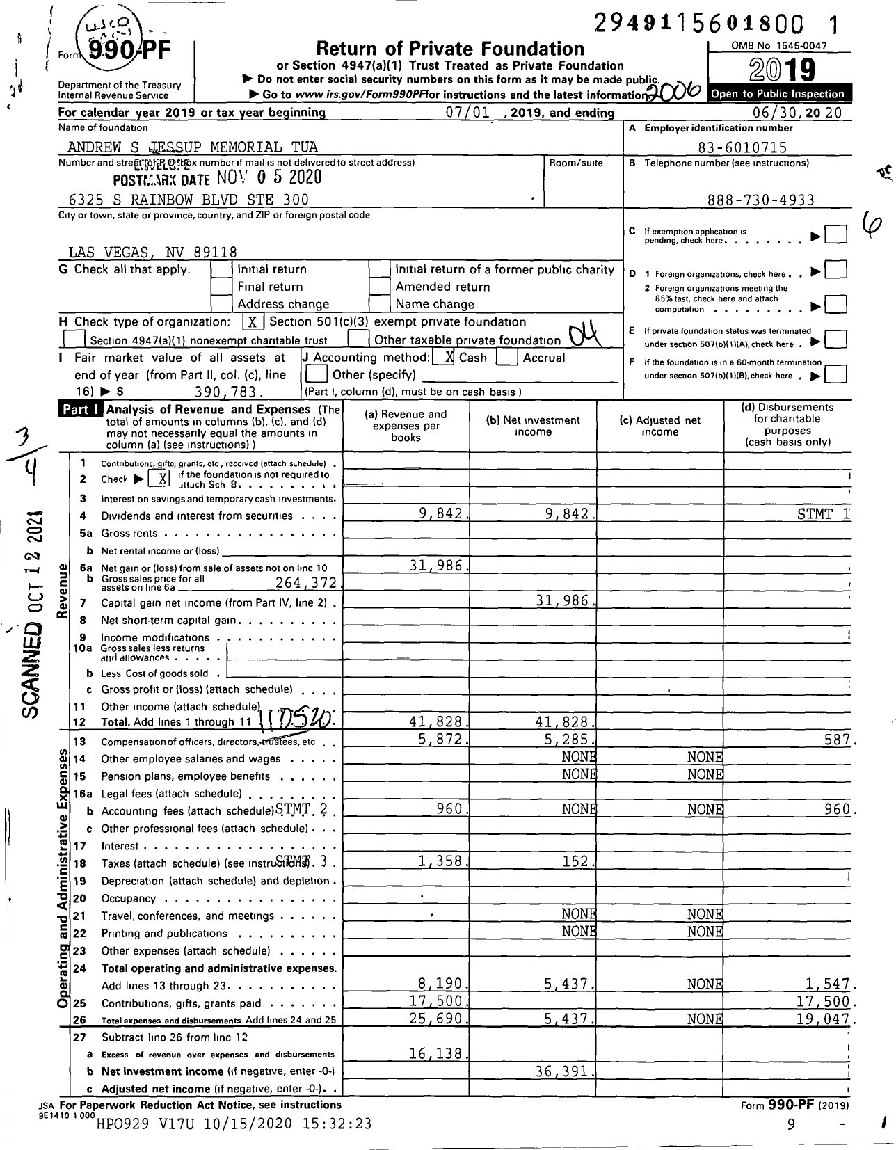 Image of first page of 2019 Form 990PF for Andrew S Jessup Memorial Tua