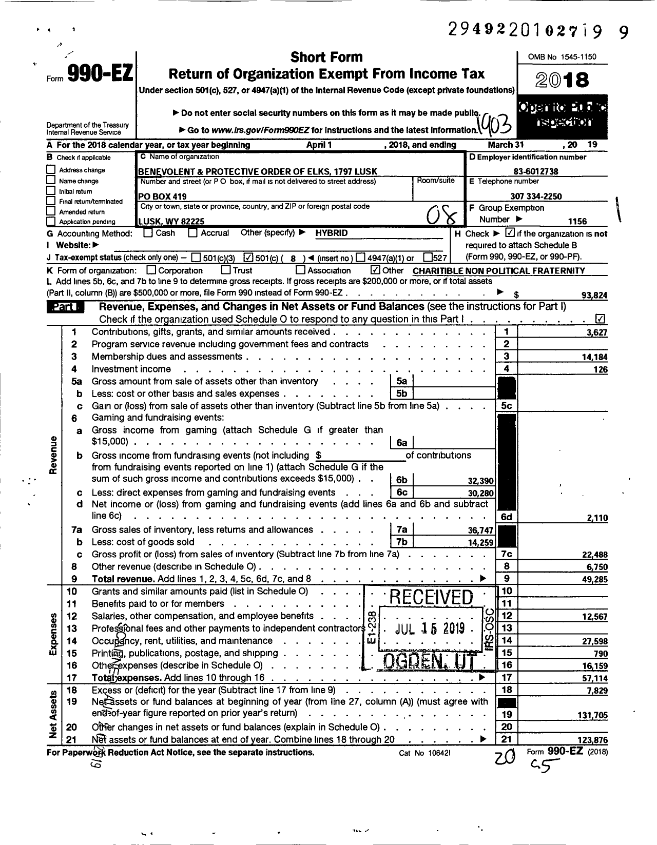 Image of first page of 2018 Form 990EO for Benevolent and Protective Order of Elks - 1797 Lusk