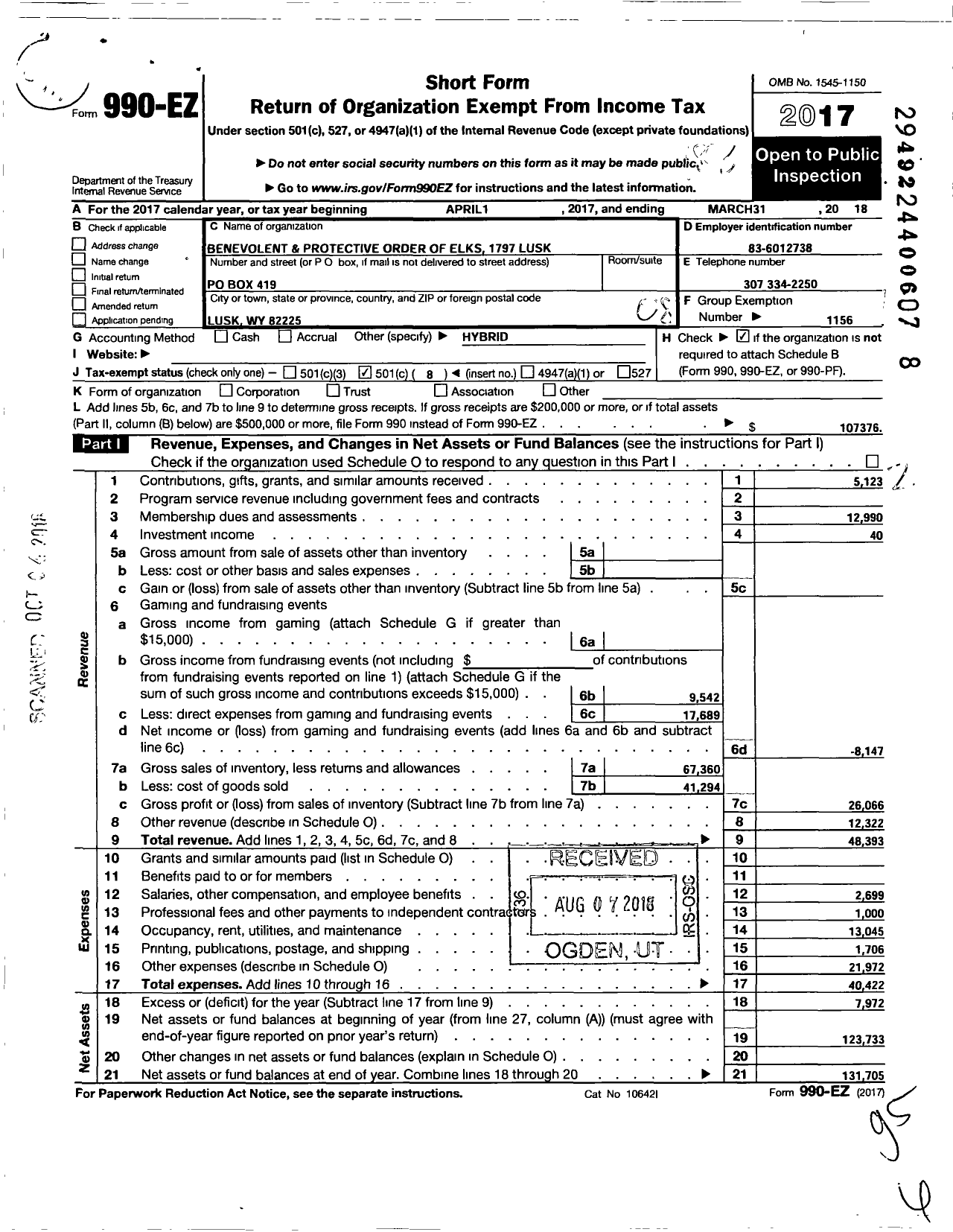 Image of first page of 2017 Form 990EO for Benevolent and Protective Order of Elks - 1797 Lusk