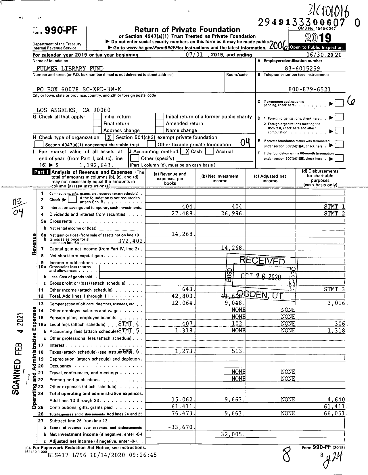 Image of first page of 2019 Form 990PF for Fulmer Library Fund