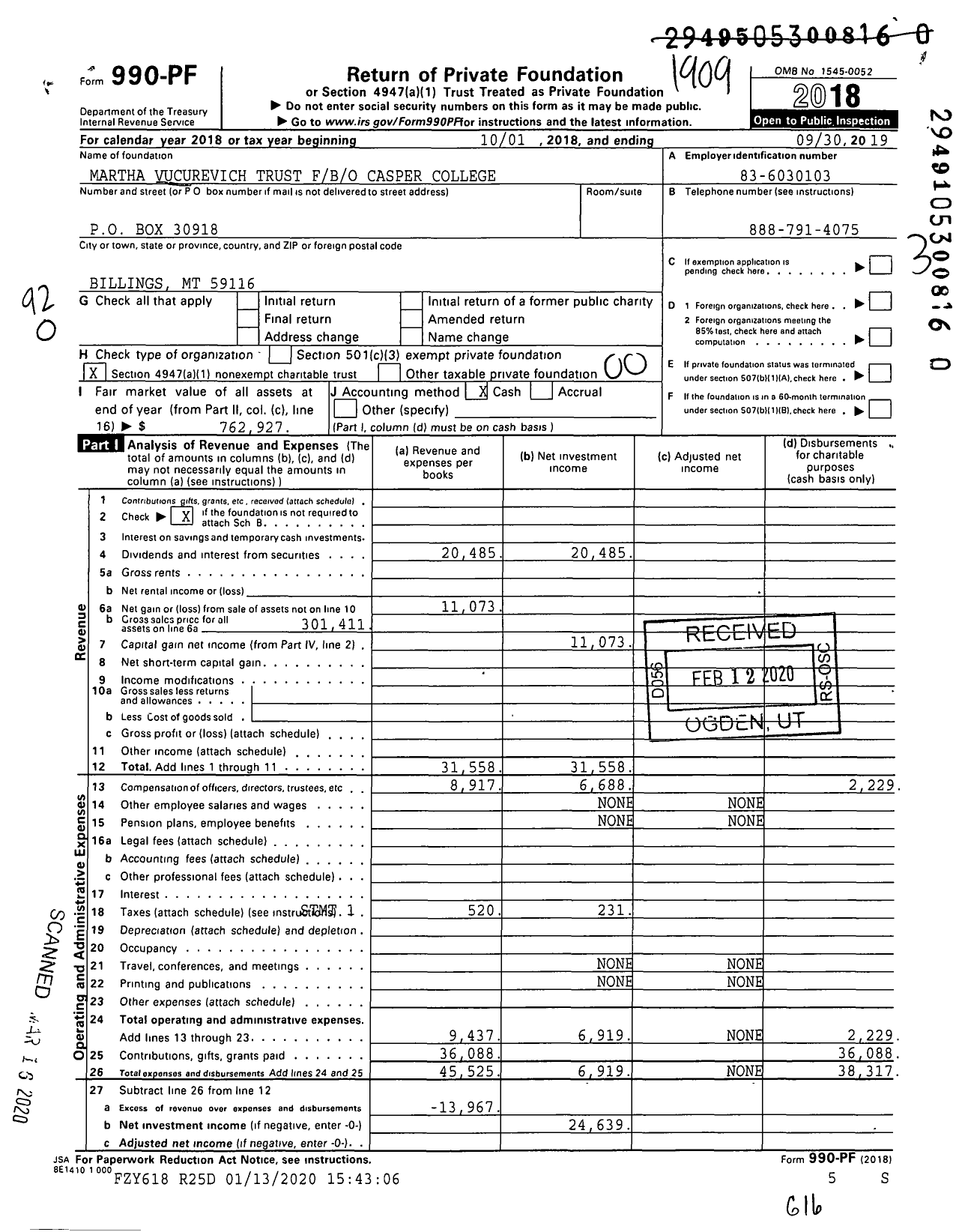 Image of first page of 2018 Form 990PR for Martha Vucurevich Trust FBO Casper College