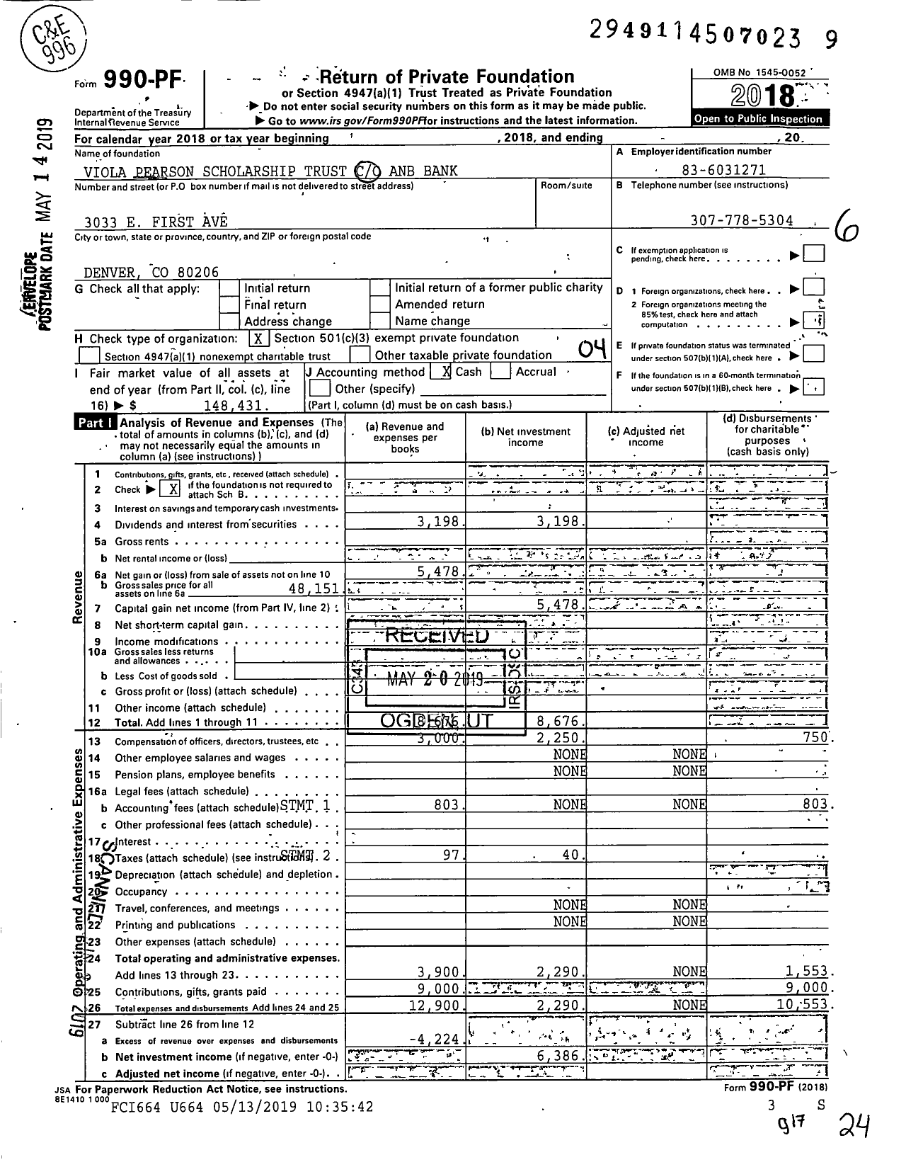 Image of first page of 2018 Form 990PF for Viola Pearson Scholarship Trust Anb Bank