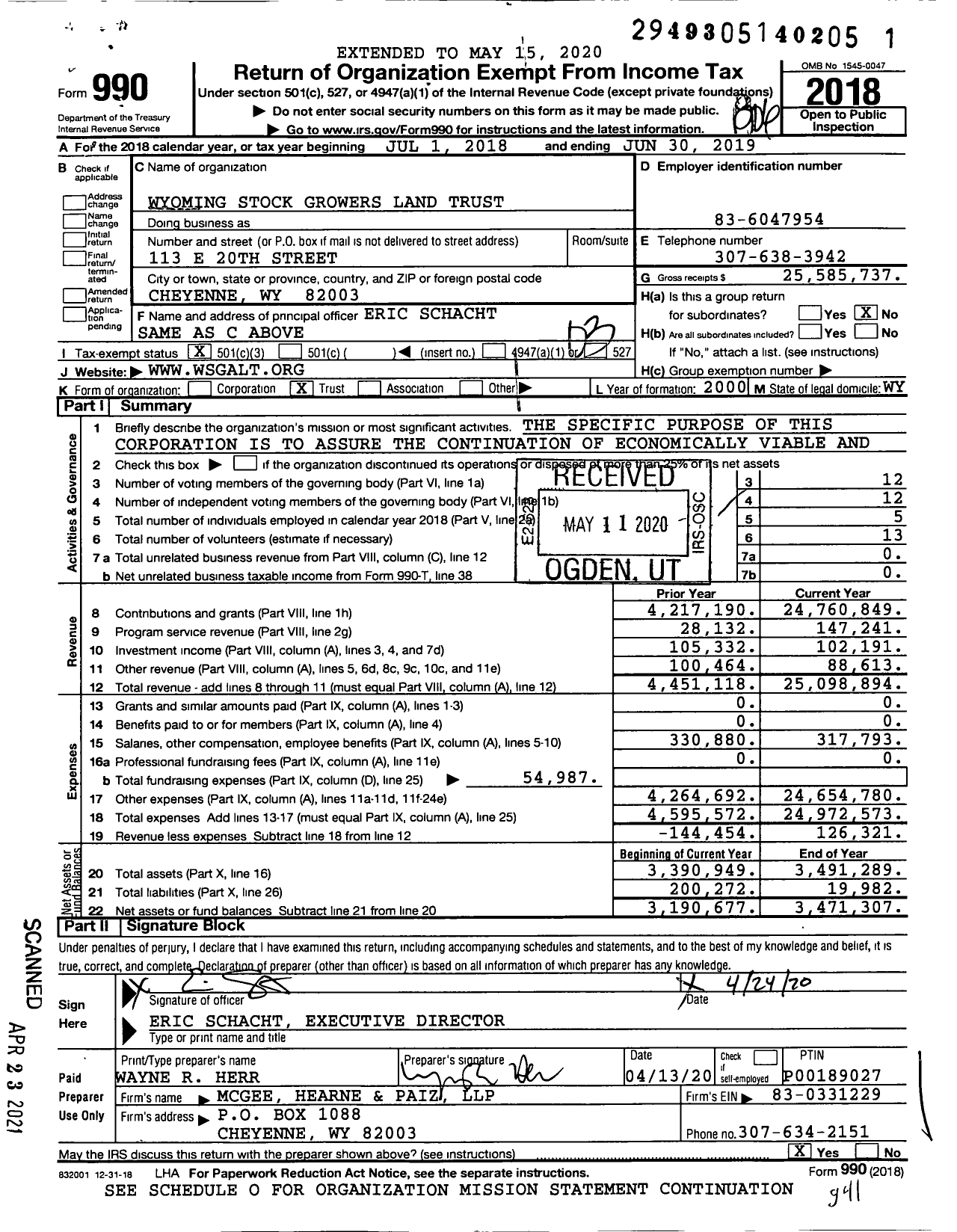 Image of first page of 2018 Form 990 for Wyoming Stock Growers Land Trust