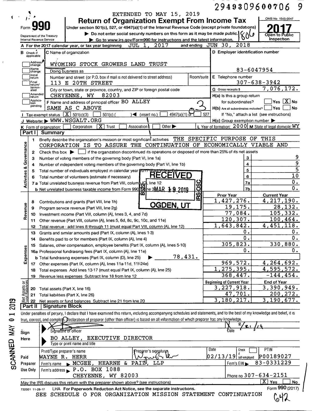 Image of first page of 2017 Form 990 for Wyoming Stock Growers Land Trust