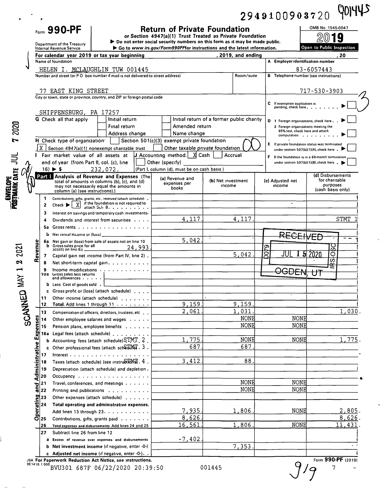 Image of first page of 2019 Form 990PF for Helen I Mclaughlin Tuw 001445