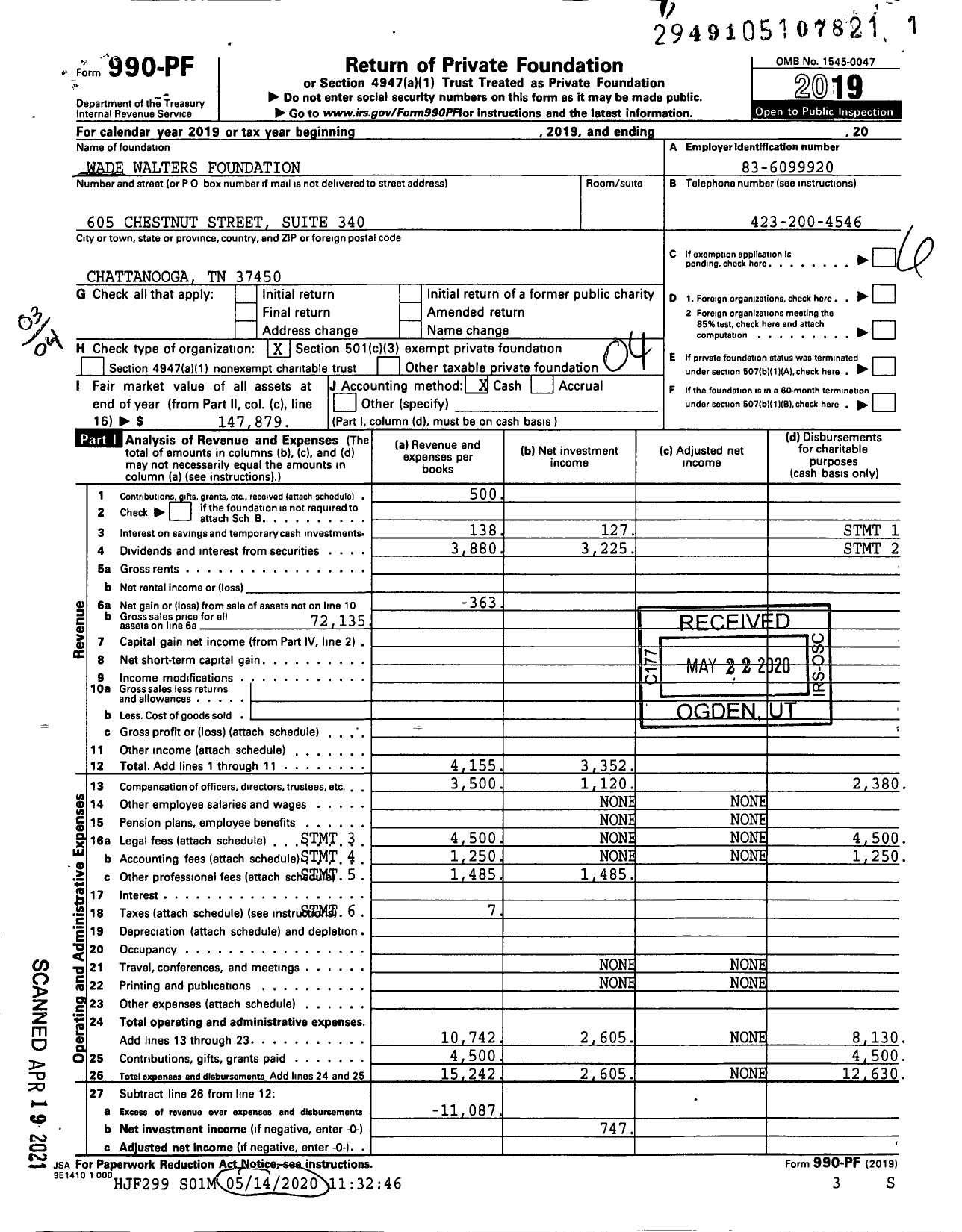 Image of first page of 2019 Form 990PF for The Wade Walters Foundation