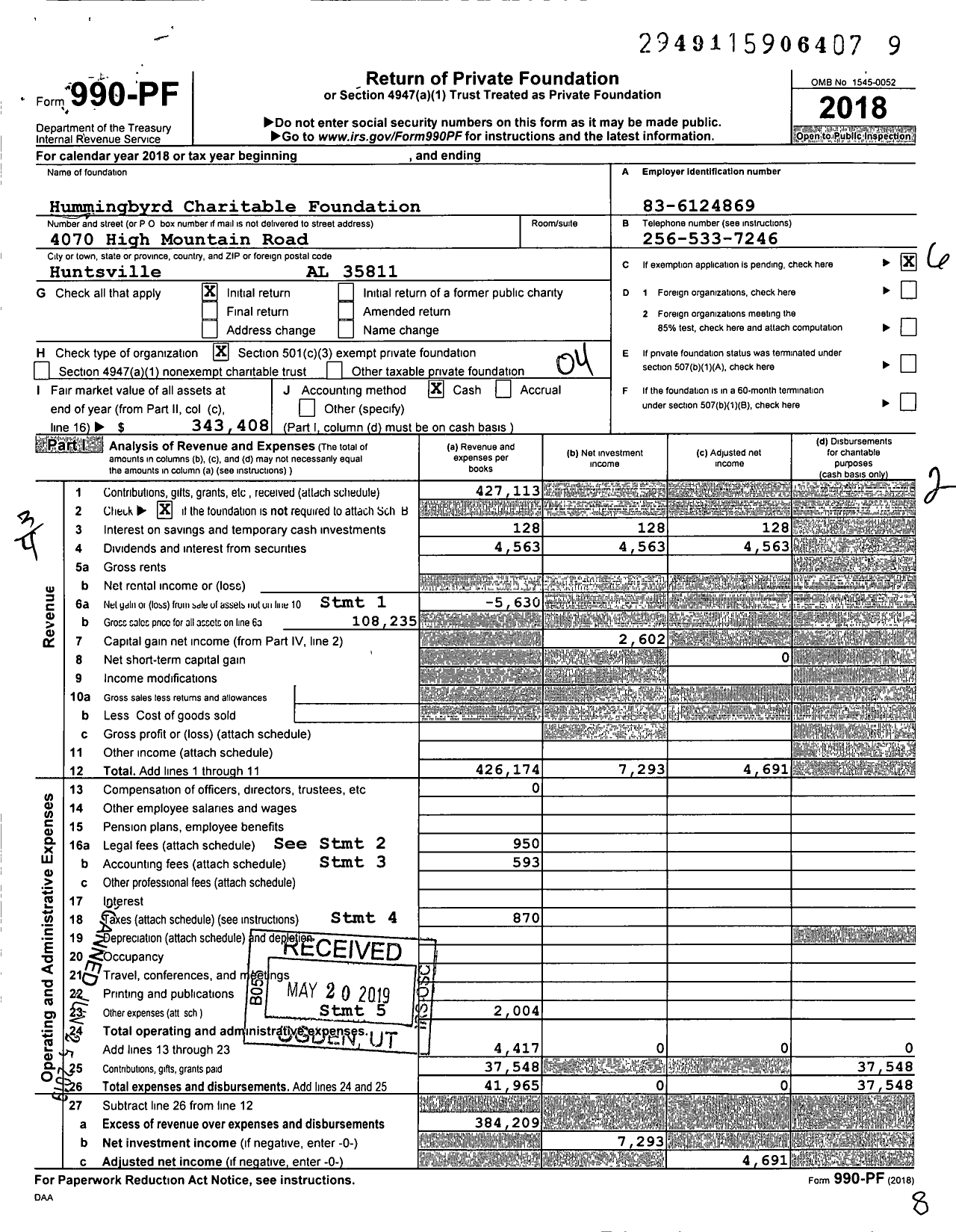 Image of first page of 2018 Form 990PF for Hummingbyrd Charitable Foundation